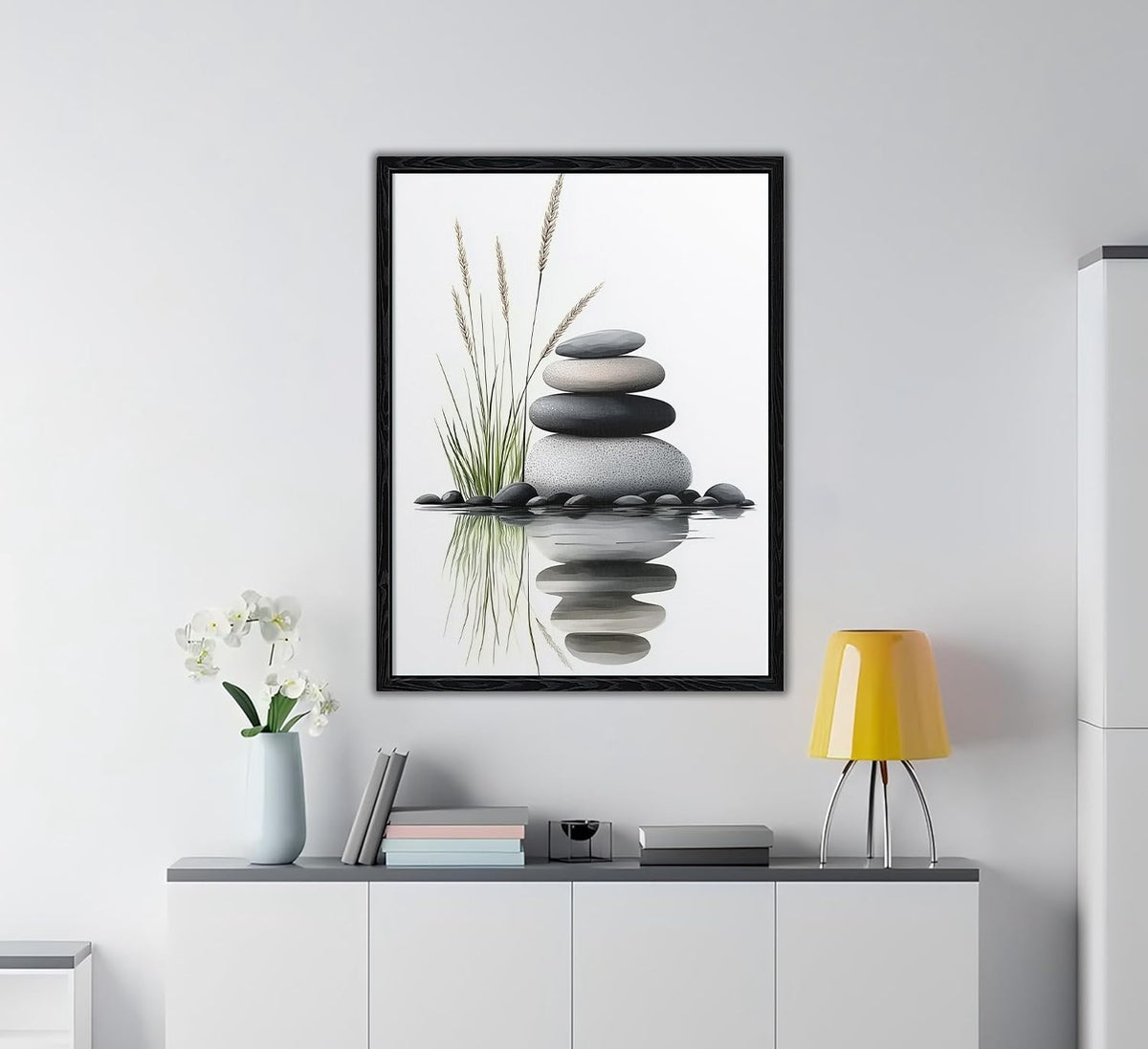 Serene Zen Stacked Stones with Water Reflection Canvas Wall Art - Cozy Modern Minimalist Spa Decor for Bathroom Bedroom Living Room - HD Waterproof Premium Stretched Framed Ready to Hang 12x16 Inches