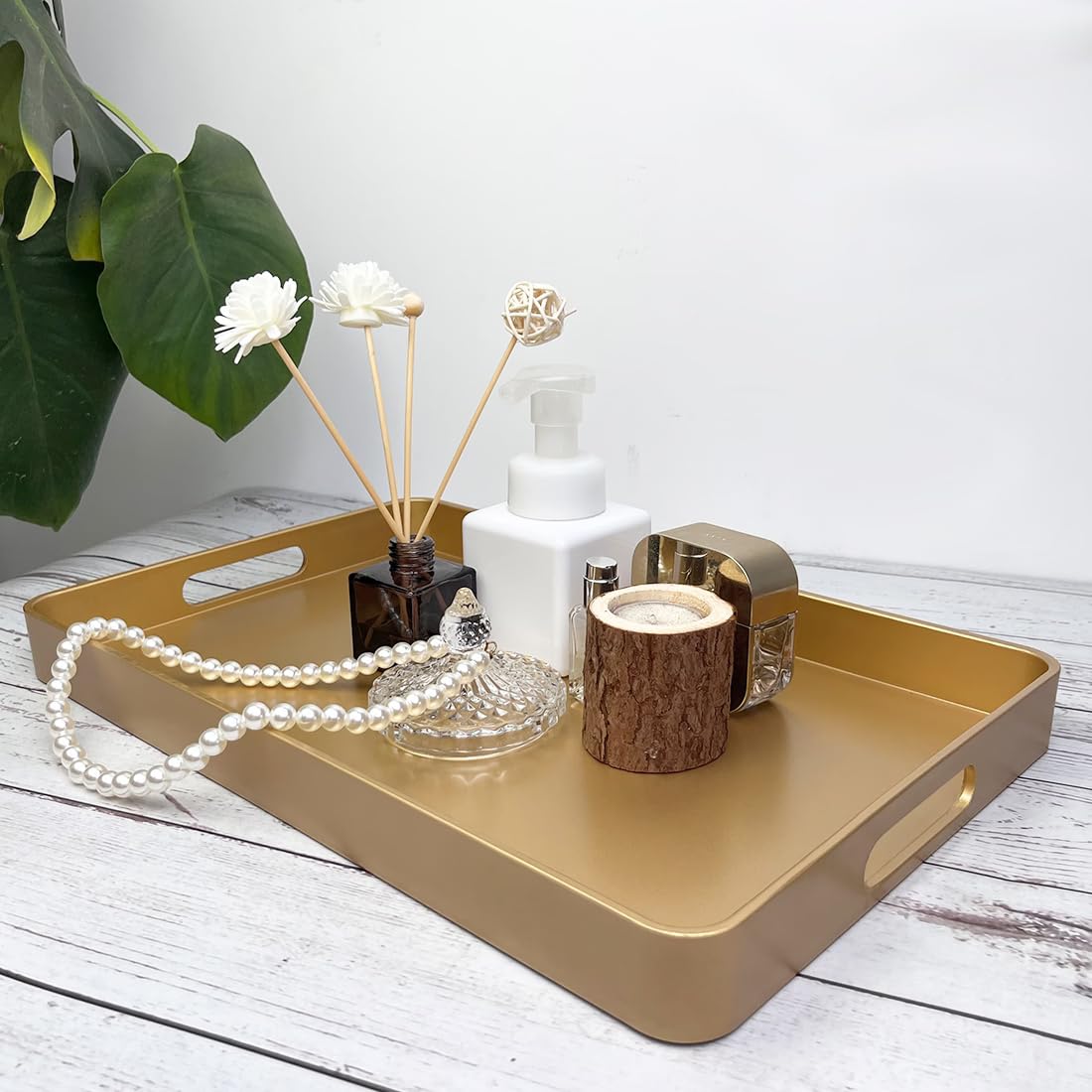 UOEKCS Gold Decorative Tray, Serving Tray with Handles, Plastic Rectangular Tray for Ottoman Coffee Table, Bathroom, Living Room. 15.7"*10.2"