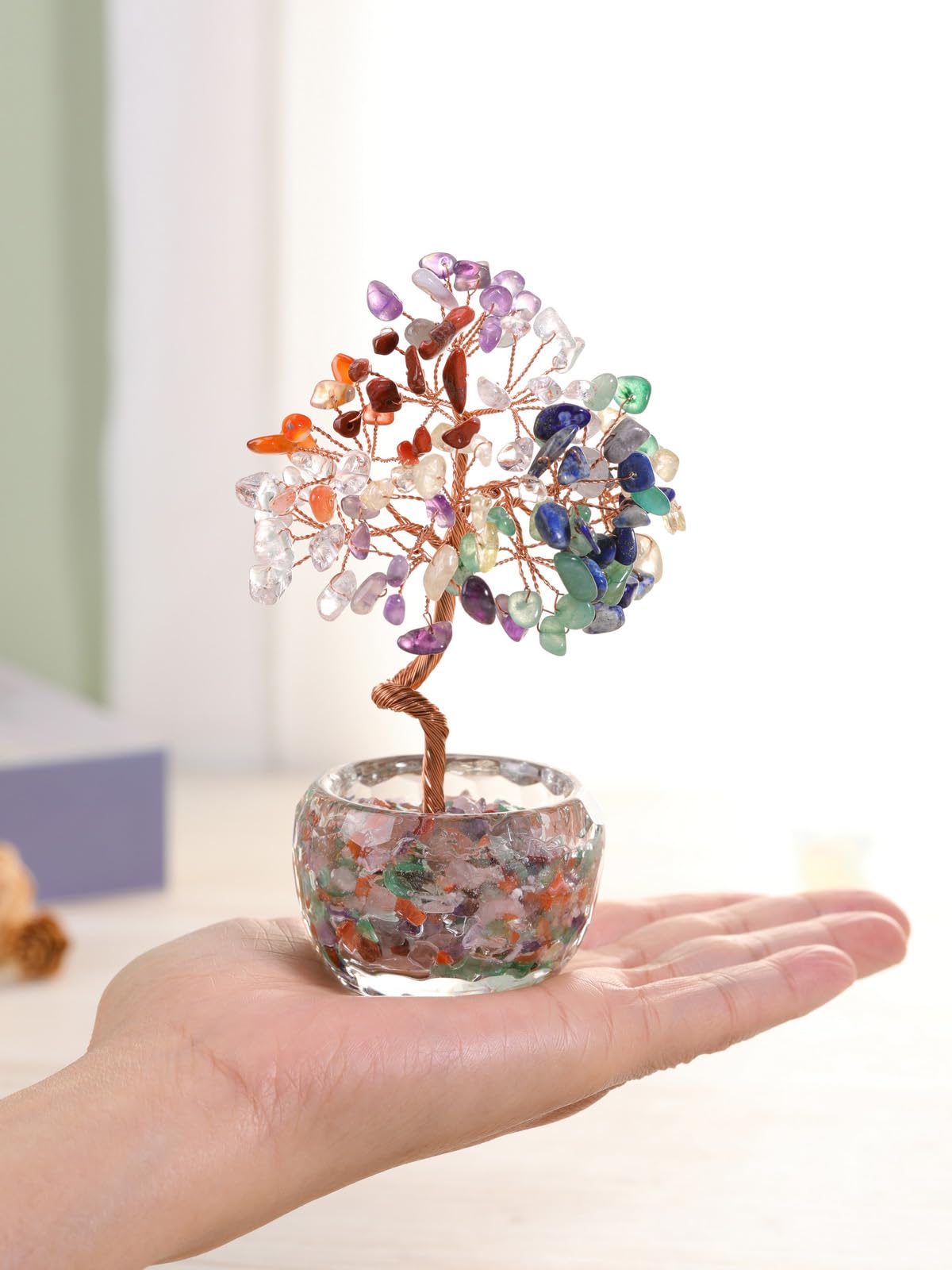 MANIFO 7 Chakra Crystal Tree Stones Tree with Glass Base Gemstone Trees for Positive Energy Office Decor Fengshui Tree Gift