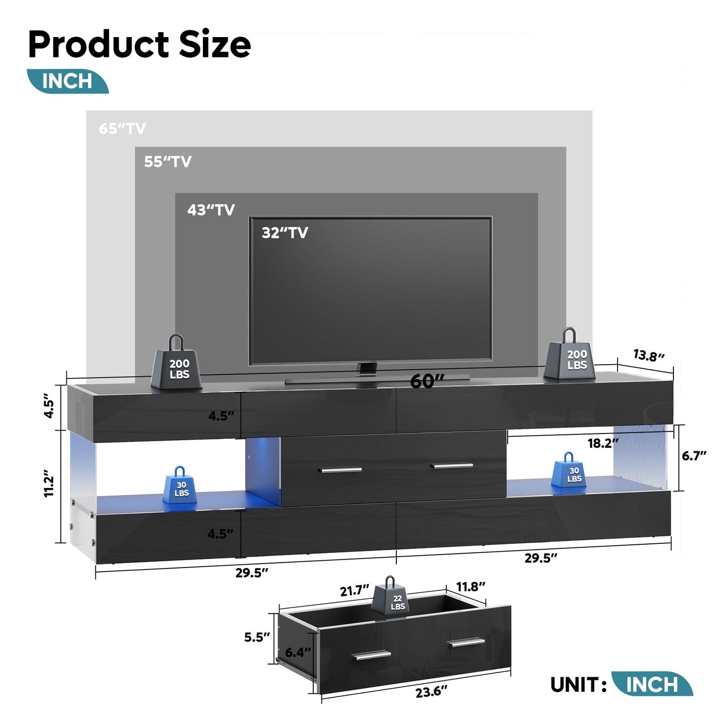 Bestier Black TV Stand for 55/60/65 Inch TV, High Gloss Modern TV Stand with Stone-Patterned Side Panels, LED Entertainment Center with Large Drawer, TV Consoles for Living Room, Bedroom