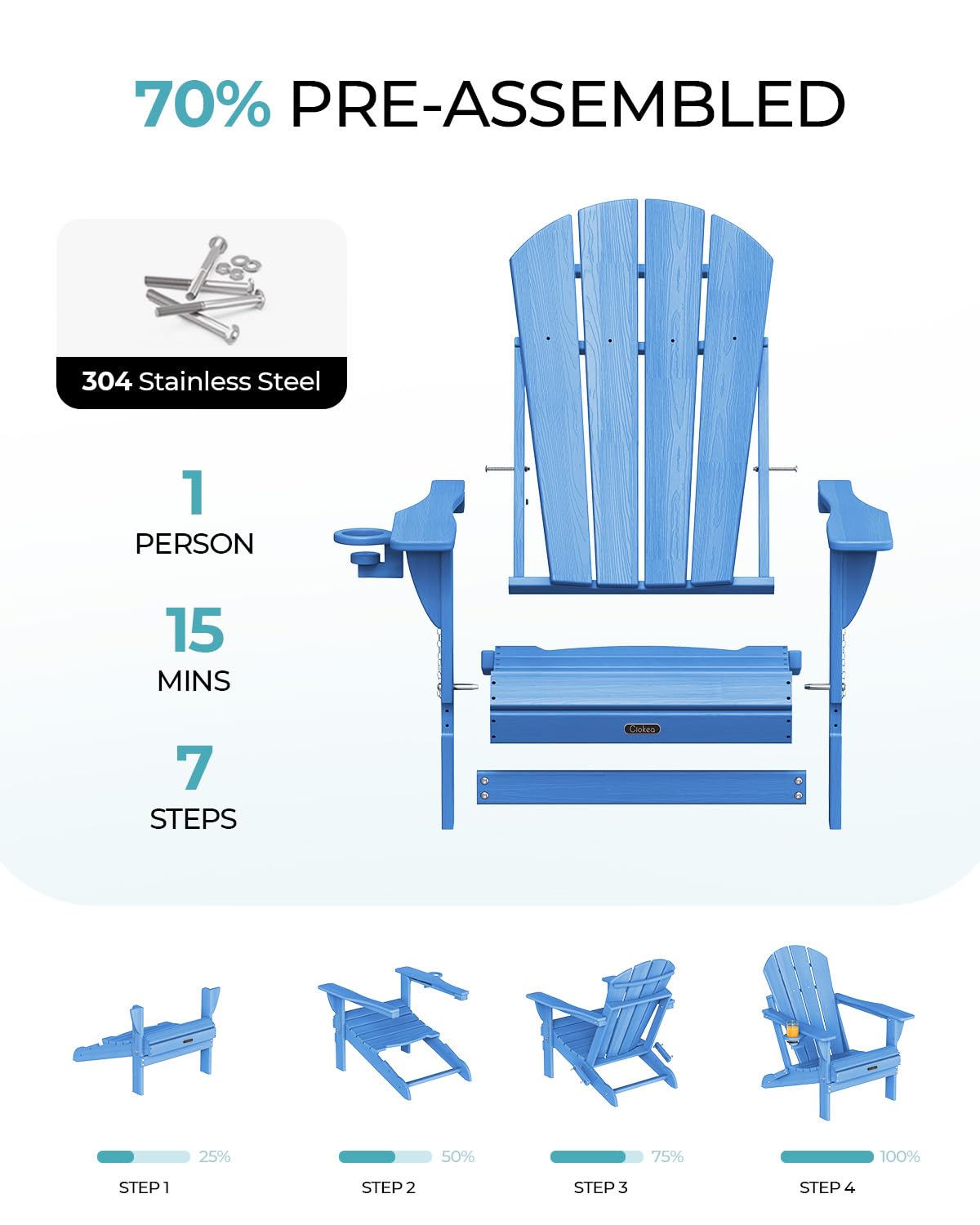 Ciokea Folding Adirondack Chair Wood Texture, Patio Adirondack Chair Weather Resistant, Plastic Fire Pit Chair with Cup Holder, Lawn Chair for Outdoor Porch Garden Backyard Deck, Baby Blue
