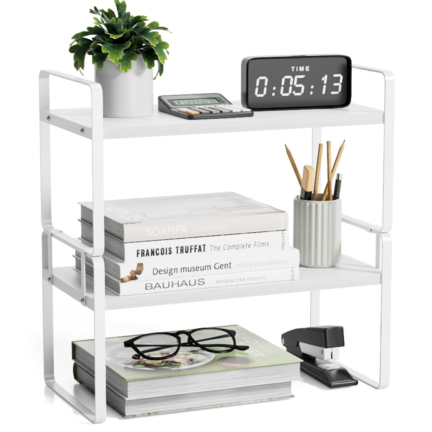 Desk Shelf Organizer for Top of Desk, Detachable 2 Tier Desktop Bookshelf, Wooden Desk Shelves Storage Rack, Small Desktop Shelf for Office Home Dorm, Tabletop Desk Organizer Stand (White+White)