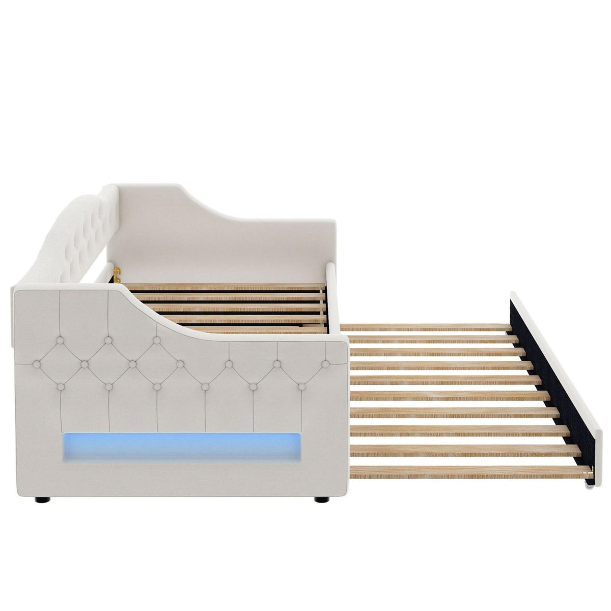 Merax Twin Size Linen Corner Daybed with Trundle and LED Belt, Upholstered Headboard Captain Bed Frames for Small Room, Bedroom, Guest Room, Kids' Room, White