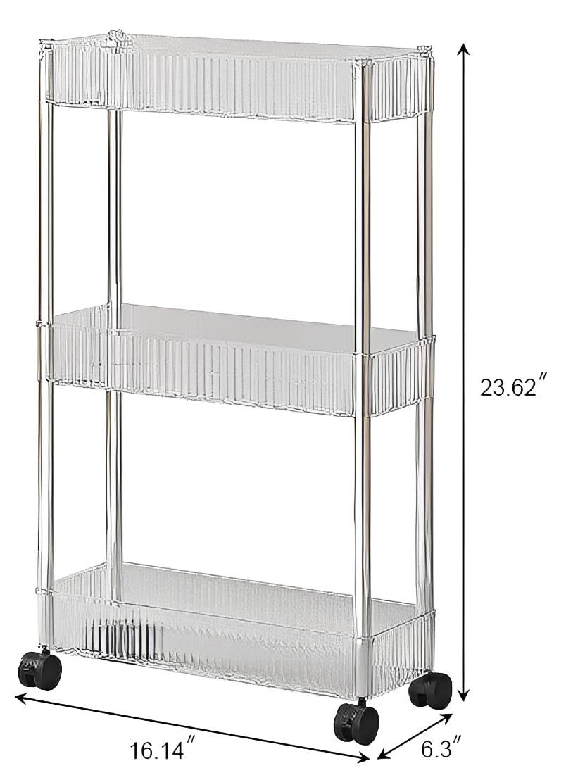 Sooyee Slim Clear 3-Tier Plastic Rolling Utility Cart with Wheels, Multi-Functional Storage Trolley for Office, Living Room, Kitchen, Movable Storage Organizer with Wheels
