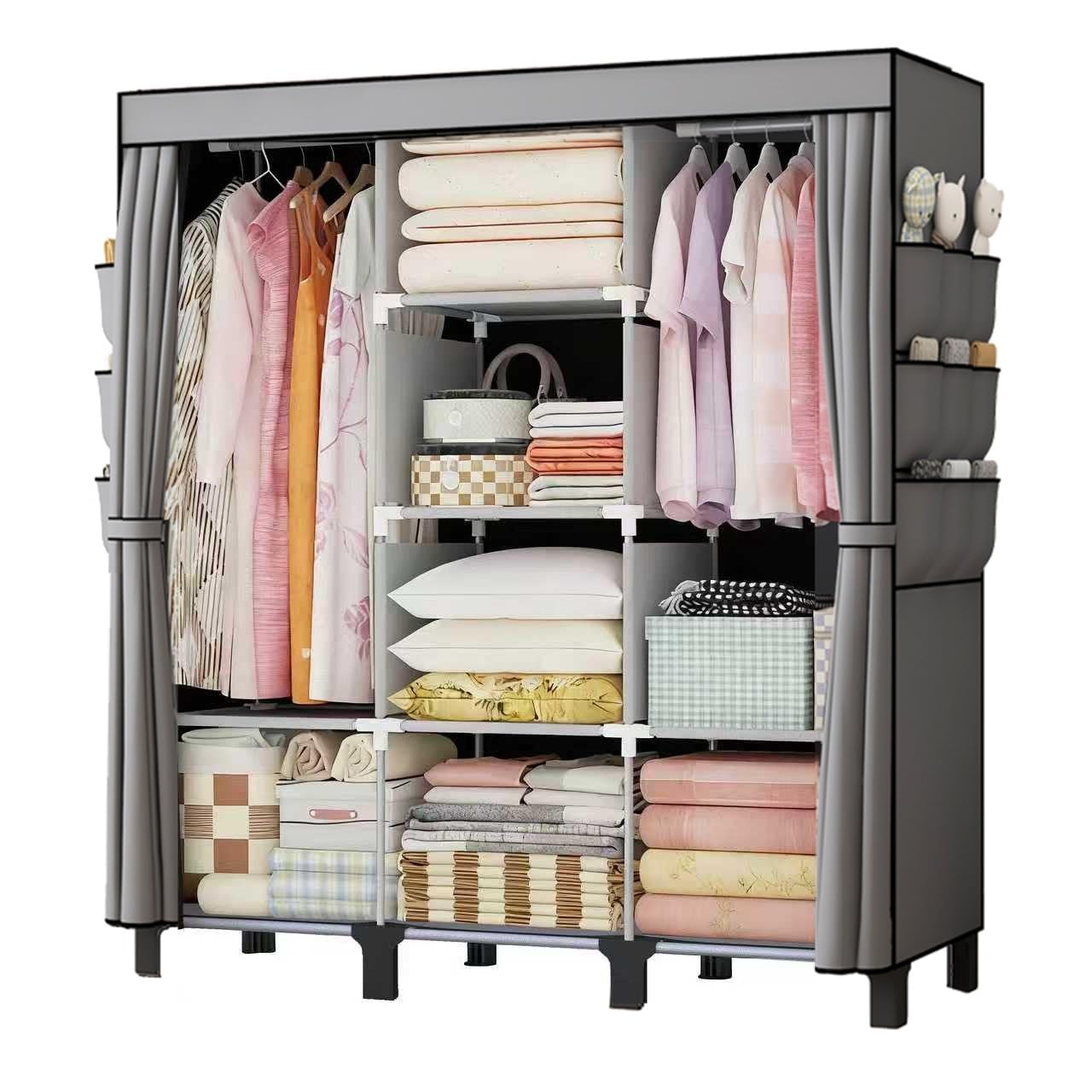 oumylovelsc Portable Wardrobe, Easy Hanging Closet 6 Side Pockets Large Capacity Clothes Organizer Comes with 2 Hanging Poles and Shelves, Width 130cm, Depth 45cm, Height 172cm (Grey)