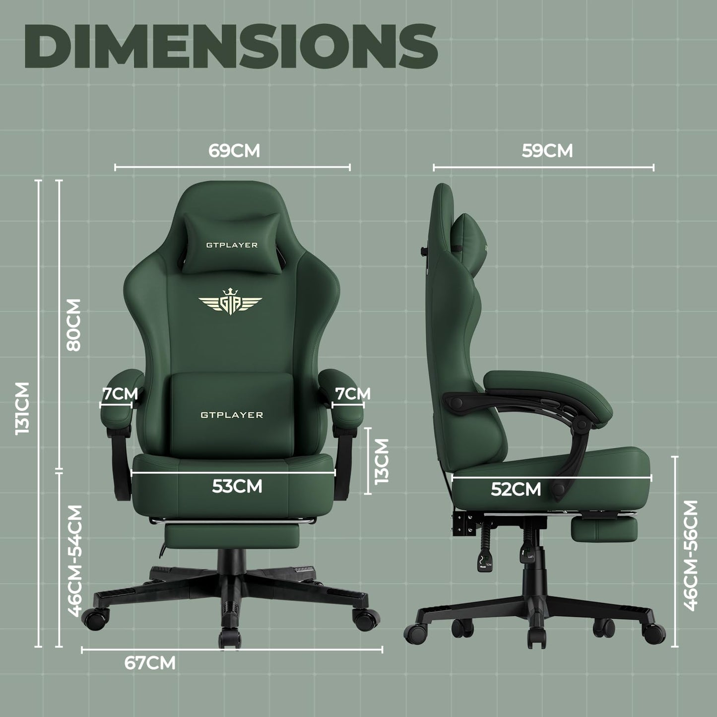 GTPLAYER Big and Tall Gaming Chair 400lbs Heavy Duty Office Chair with Footrest, High Back Pocket Spring Ergonomic Computer Chair for Adults, Wide Seated Cushion with Linkage Armrests, Leather Green