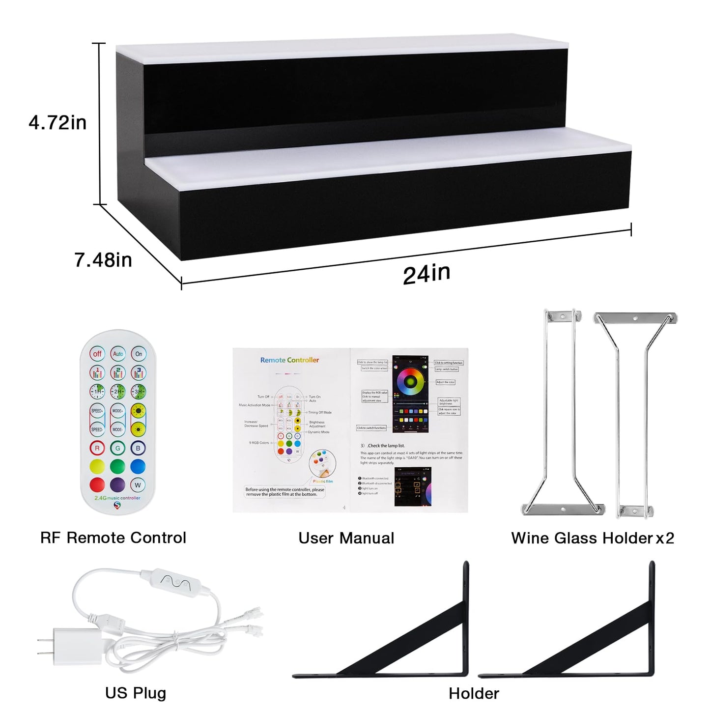 LED Lighted Liquor Bottle Display Shelf Wall Mount Wine Rack, 2 Tiers 24Inch Bar Bottle Display Shelf with Glass Holder Remote and App Control for Home Bar Party Whiskey Coffee Bottles Display
