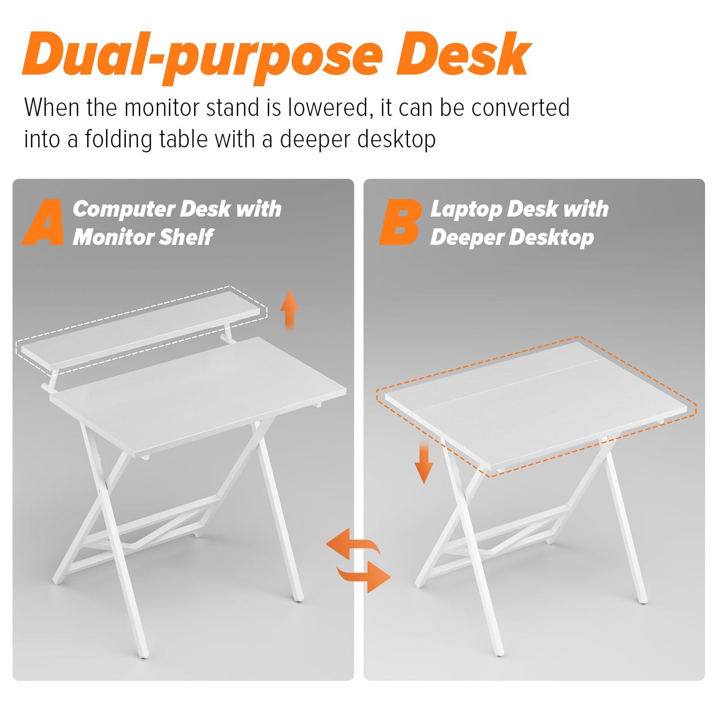 WOHOMO Folding Computer Desk with Adjustable Height, 23.6" x 31.5" x 25.6" Foldable Table with Monitor Stand, Small Office Desk for Bedroom, Space Saving Desk for Home Office, Easy Assemble, White