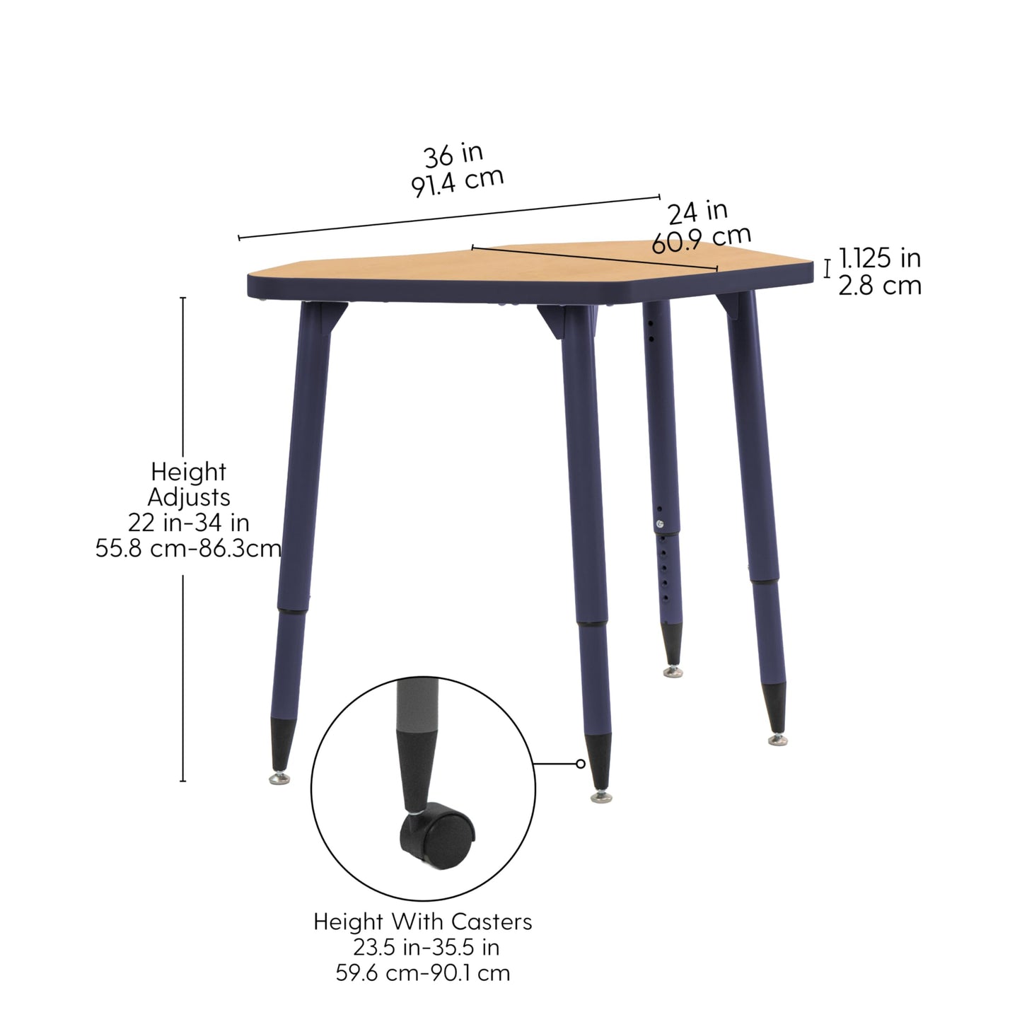 Adapte Commercial Classroom Activity Table - 24" x 36" Petal, ADA Compliant Tapered Legs with Glides & Casters, Adjustable Height 22-34" Wheelchair Accessible, School & Office Furniture