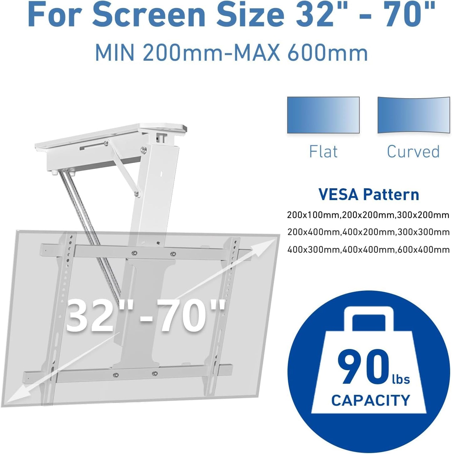 XINYAO Electric Ceiling TV Mount with Remote, Motorized Ceiling Mount TV Bracket Flip Down for 32 to 70 inch Flat Curved Screen Mount Drop Down for Flat Pitched Roof Indoor Outdoor (White)