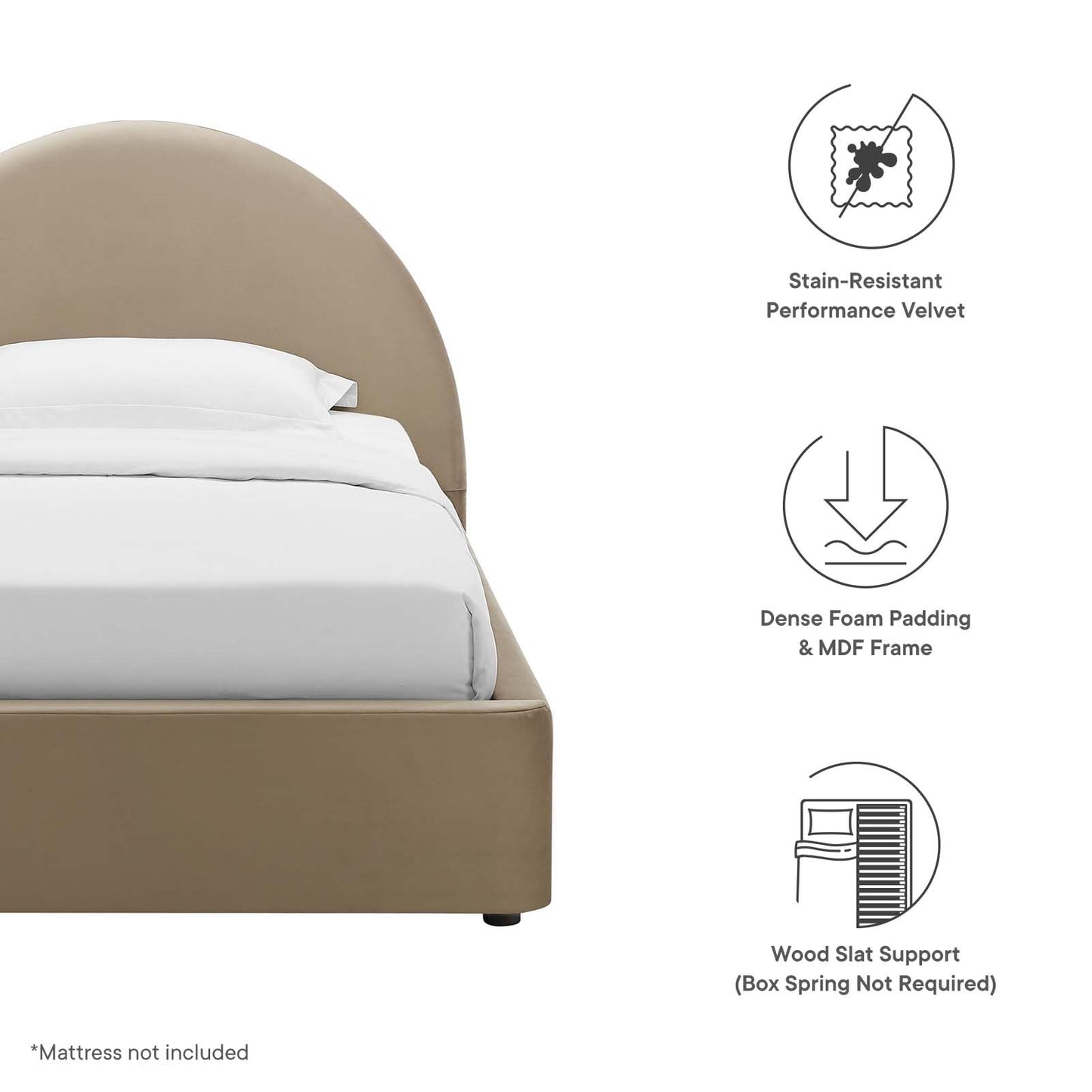 Modway Resort Twin Size Platform Bed with Arch Shaped Round Headboard in Taupe, Upholstered Bed Frame, Stain-Resistant Performance Velvet, Soft Cloud Bed Frame, No Box Spring Needed, Strong Wood Slats