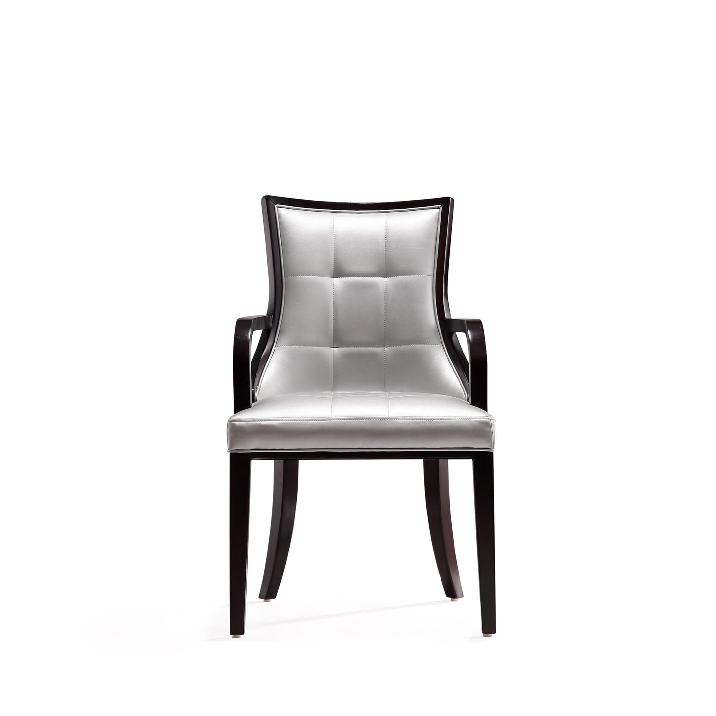 Manhattan Comfort Fifth Avenue Faux Leather Dining Chair with Arms, Padded Wingback Seat, Fine Rectangular Stitching and Solid Wood Frame, Set of 1, Silver