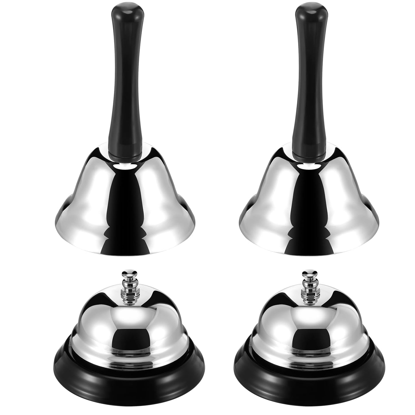 PullCrease 2 Pcs Call Bell and 2 Pcs Loud Hand Bell Classic Service Silver Steel for Hotels Schools Restaurants Desk Counter Reception Areas Home Office