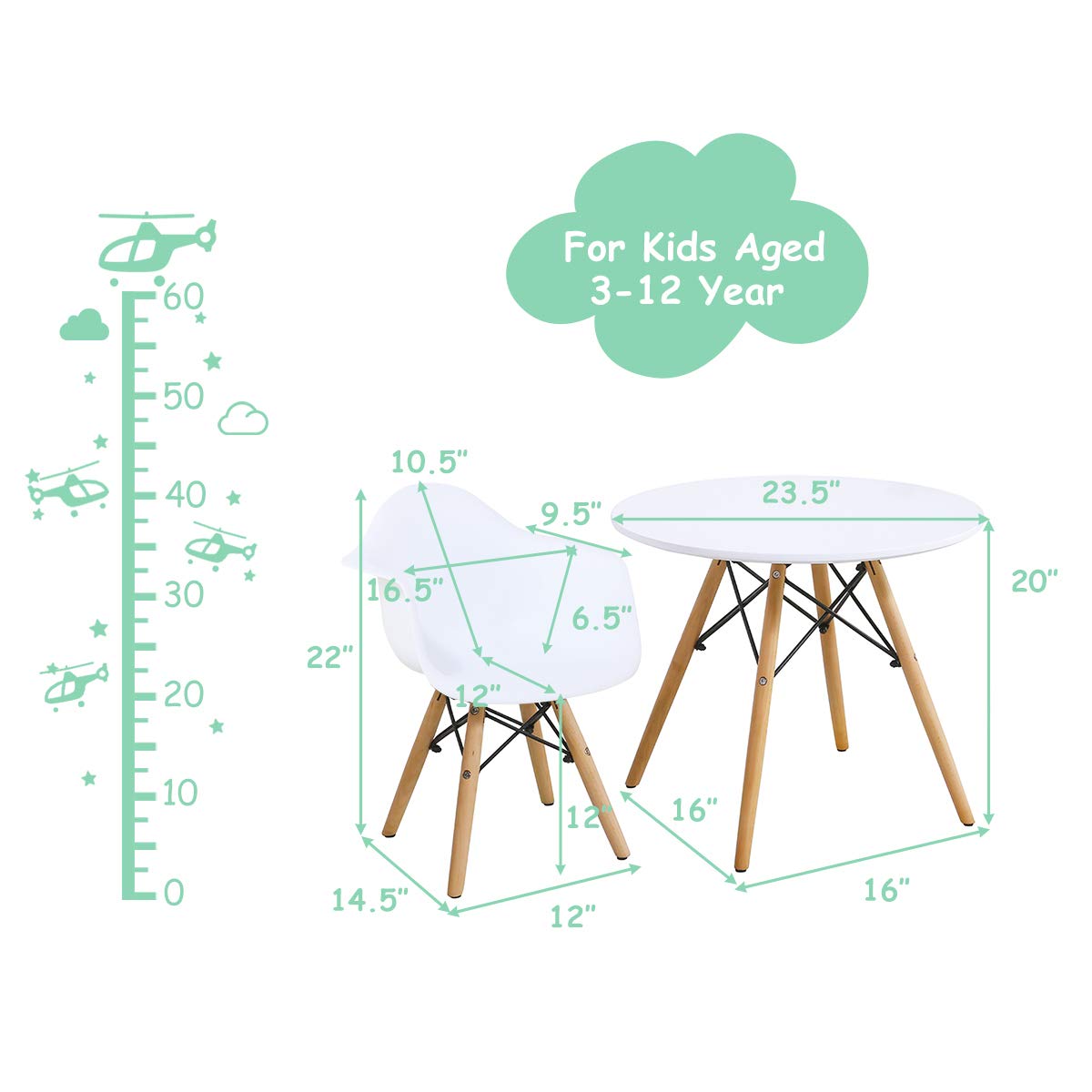 Costzon Kids Table and Chair Set, Mid-Century Modern Style Table Set Round Table with Armchairs for Toddler Children, Kids Dining Table and Chair Set (White, Table & 4 Chairs)