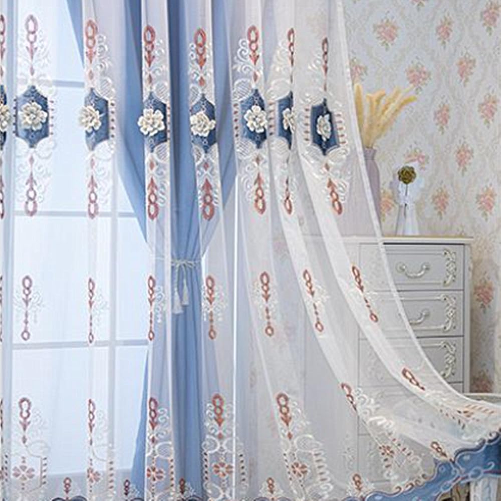 Amidoudou 1 Pair European Double Layer Curtains with Valance for Living Room Bedroom Luxury 3D Flower Embroidered Curtains (Blue,63x96 Inch)