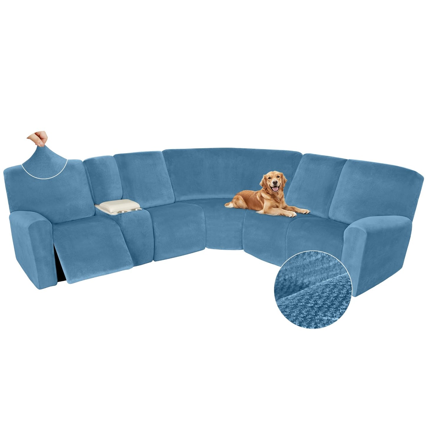 Arfntevss Sectional Recliner Couch Covers Velvet Washable Corner Sectional Sofa Cover for Reclining Stretch Soft Thick L Shape Recliner Slipcover Set (5 Seat with 1 Console Cover, Light Blue)
