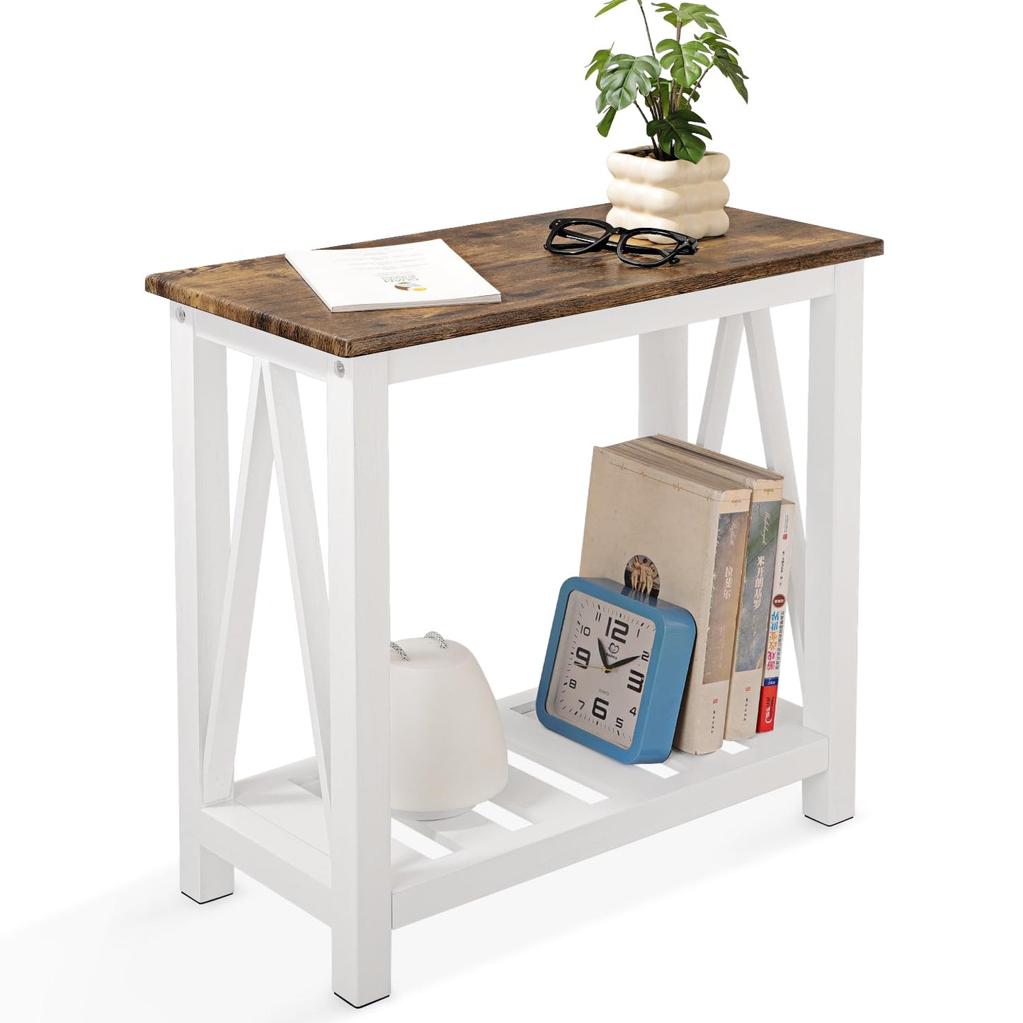 FEUFOAM Narrow End Table Rectangular Side Tables for Small Spaces Wood Framed Night Stands Sofa Bedside Table for Living Room Brown Smooth Tabletop Industrial Accent Furniture for Bathroom Bedroom