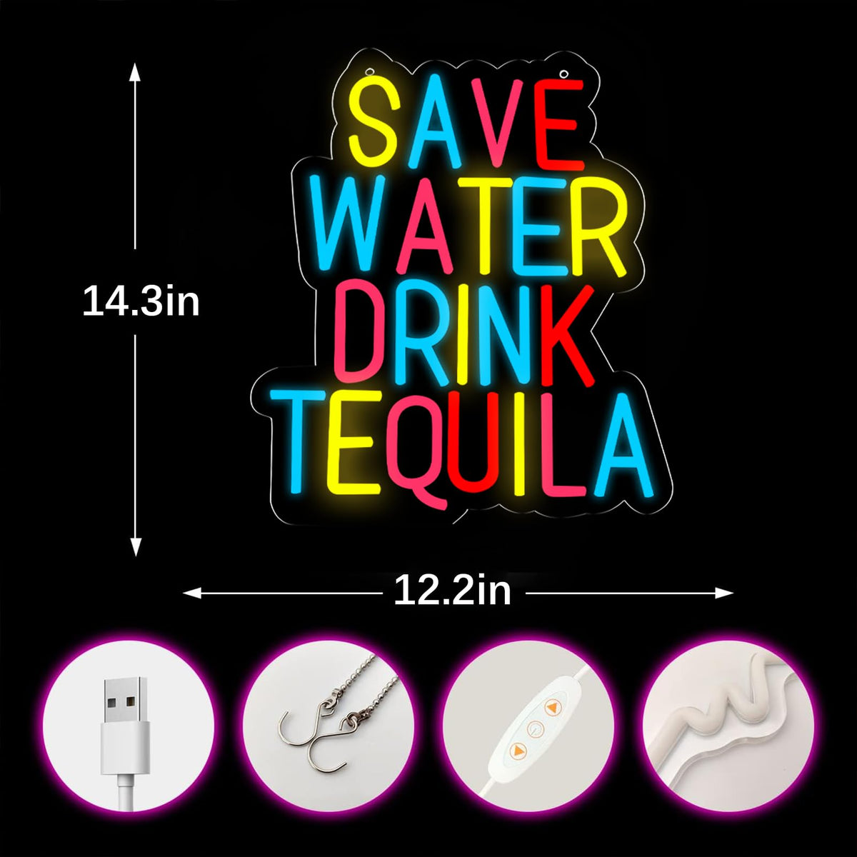 qbanziou Save Water Drink Tequila Neon Signs for Wall Decor，Neon Lights for Bedroom LED Signs Suitable for Man Cave，Doorplate，Christmas Gifts