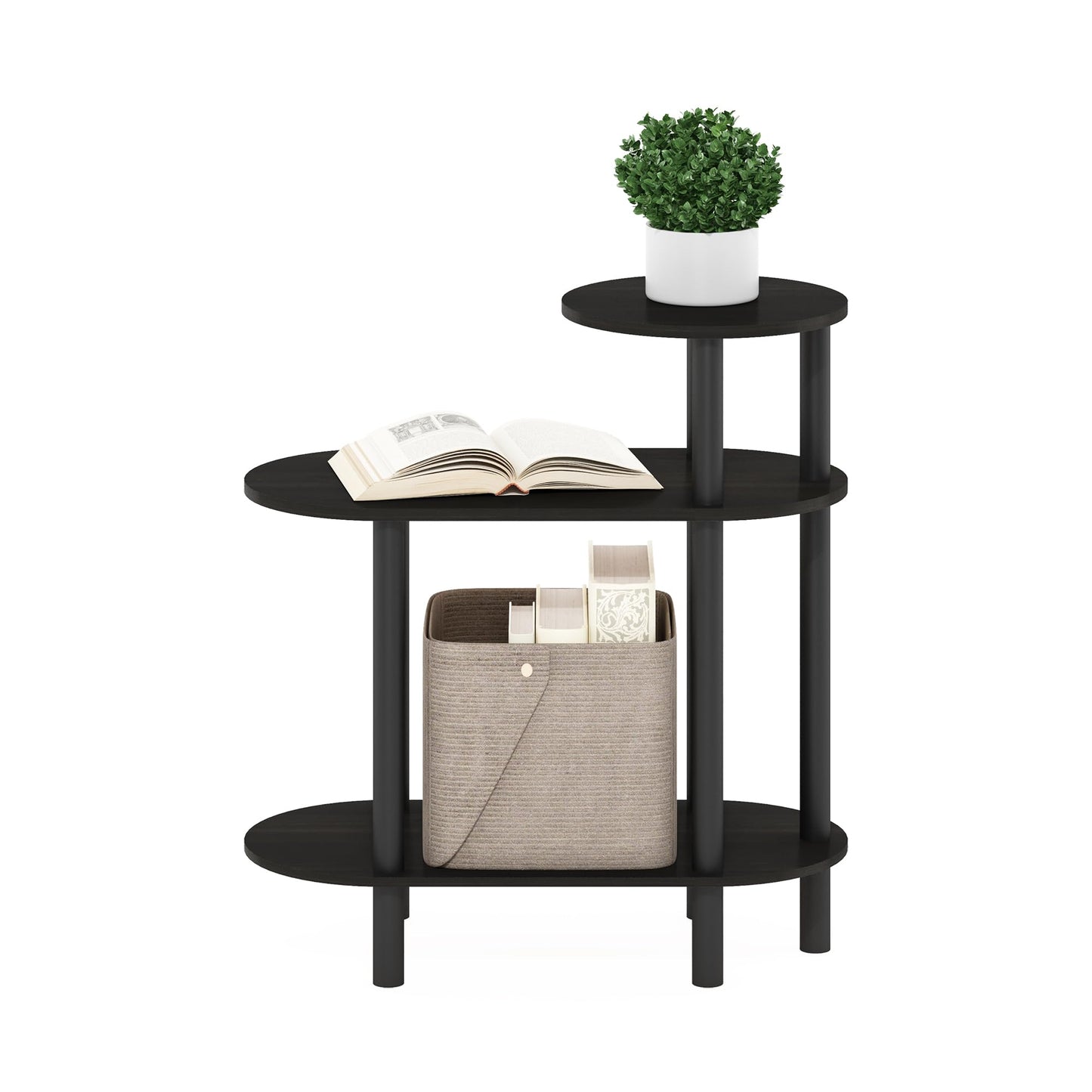 Furinno Turn-N-Tube Side Table, 3-Tier Oval Sofa End Table with Open Shelf, Toolless Assembly Night Stand, Bedside Table, for Living Room, Bedroom, Dark Espresso