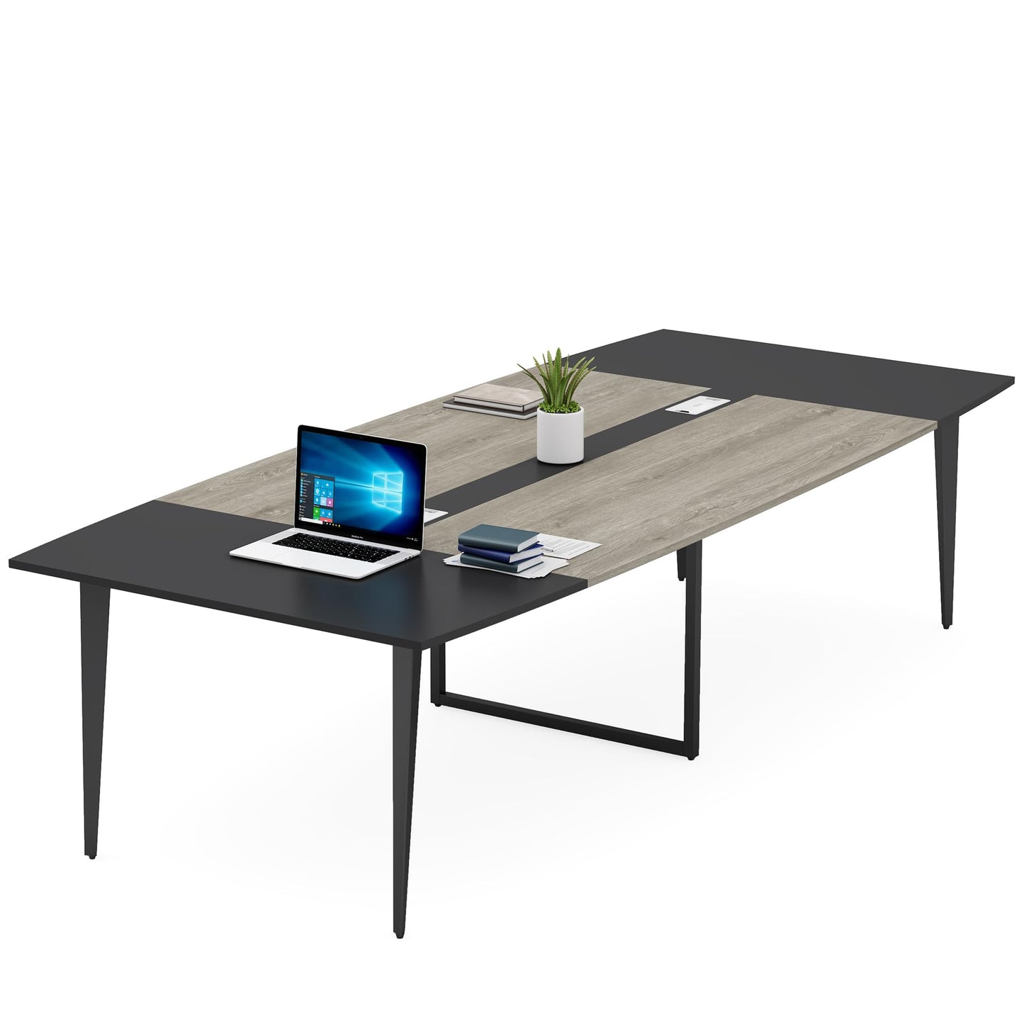 Tribesigns 8FT Conference Table, 94.48L x 47.21W x 29.52H Inches Boat Shaped Meeting Table with Rectangle Grommet, Modern Seminar Boardroom Table for Office Conference Room (Grey & Black, 8ft)