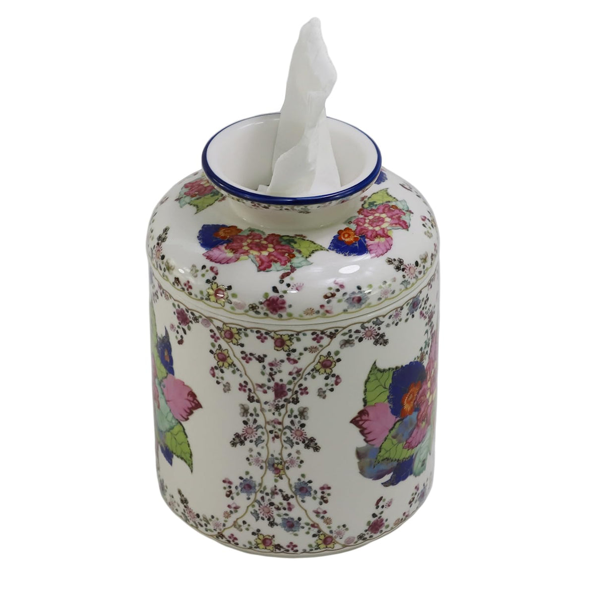 SYNWISH Tobacco Leaf Pattern Floral Round Porcelain Tissue Box Cover 6.7", Facial Tissue Holder Storage for Bathroom Vanity, Countertops, Dressers, Parlors and Offices Home Décor