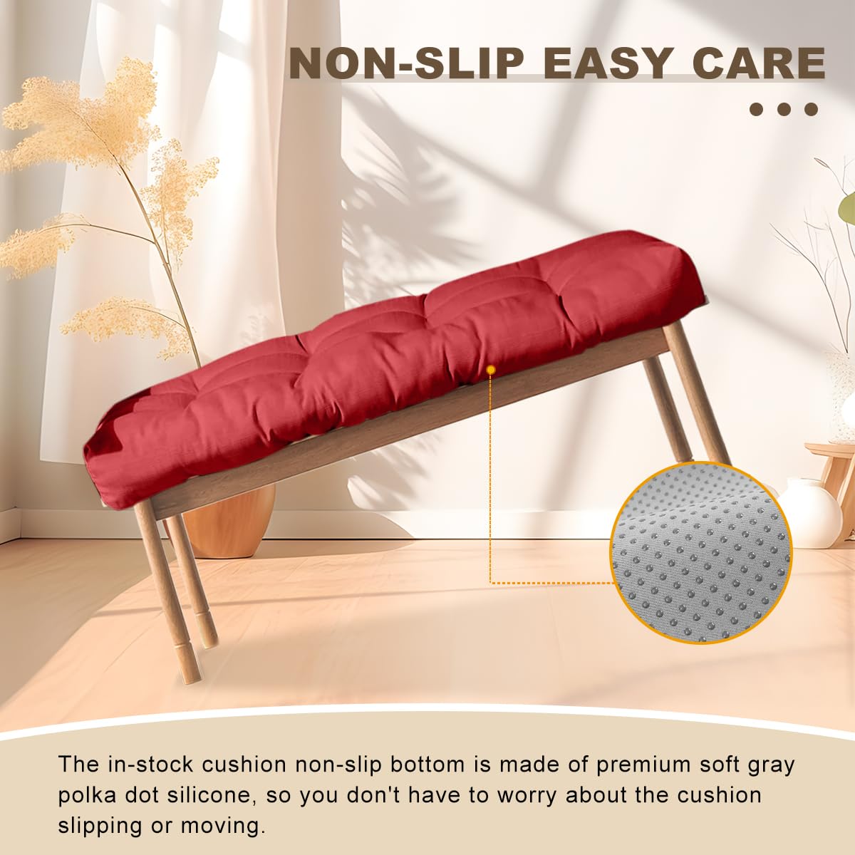 ThinMay Bench Cushion 47 inches,Indoor/Outdoor Non-Slip Tufted Cushions, Premium Waterproof Linen, Soft Piano Sofa Cushions, High-Density Memory Foam(Dark Red-47x19x4in)