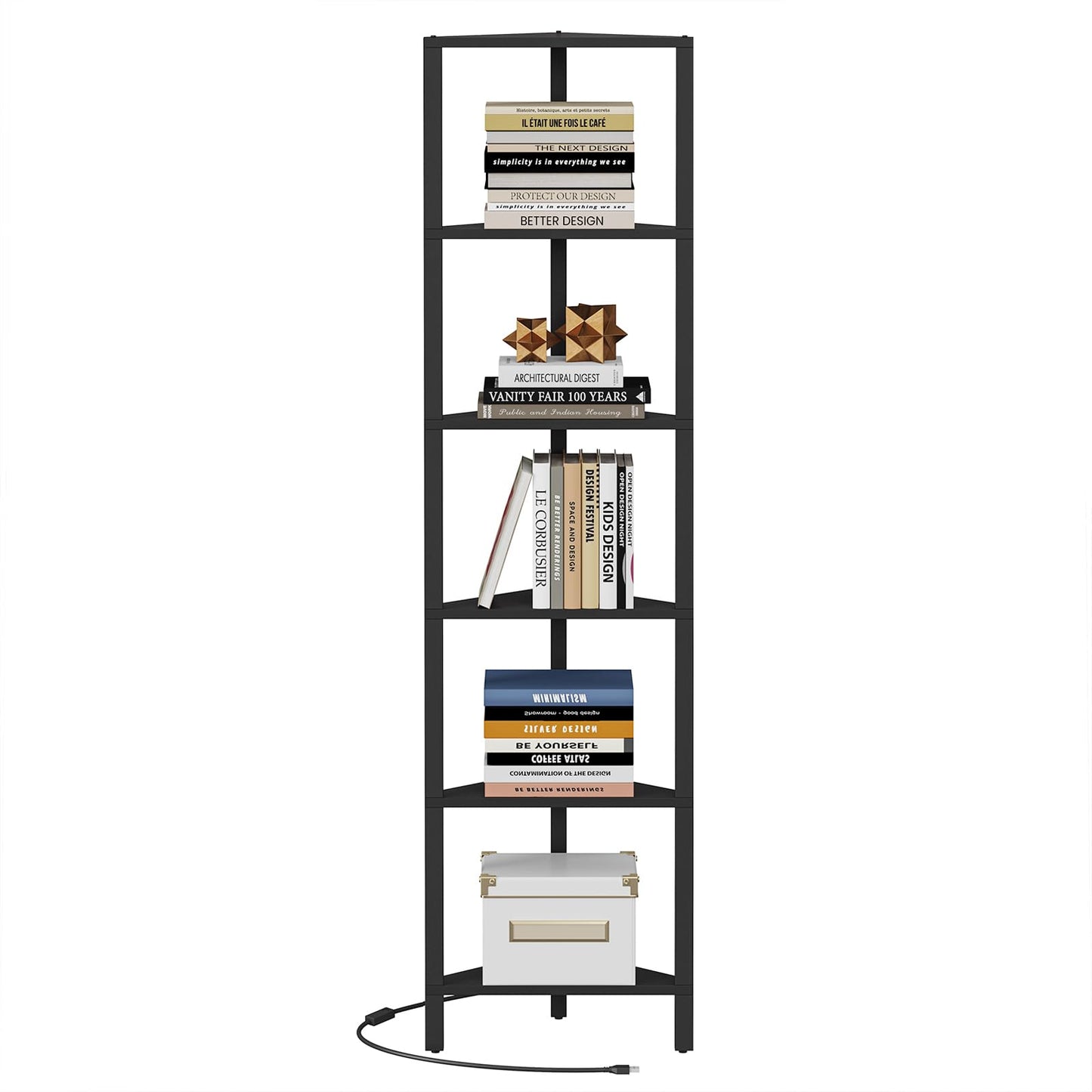 TUTOTAK Corner Shelf with LED Light, 6-Tier Corner Bookshelf for Small Space, Narrow Display Corner Shelf Stand with Storage Rack, for Living Room, Bedroom, Black BS05BK006L