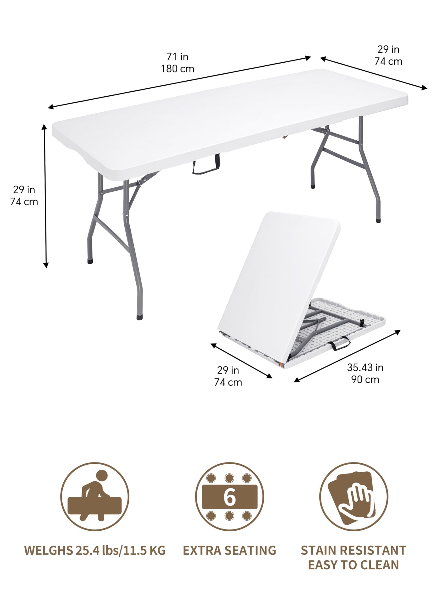 CHRONELLE 6FT Folding Camping Table Portable 350lbs, 6 Foot Folding Picnic Card Table for Outdoor, Plastic Rectangular Dining Work Tables for Indoor, Heavy Duty Fold-in-Half Tray Tables, 71x29 inch