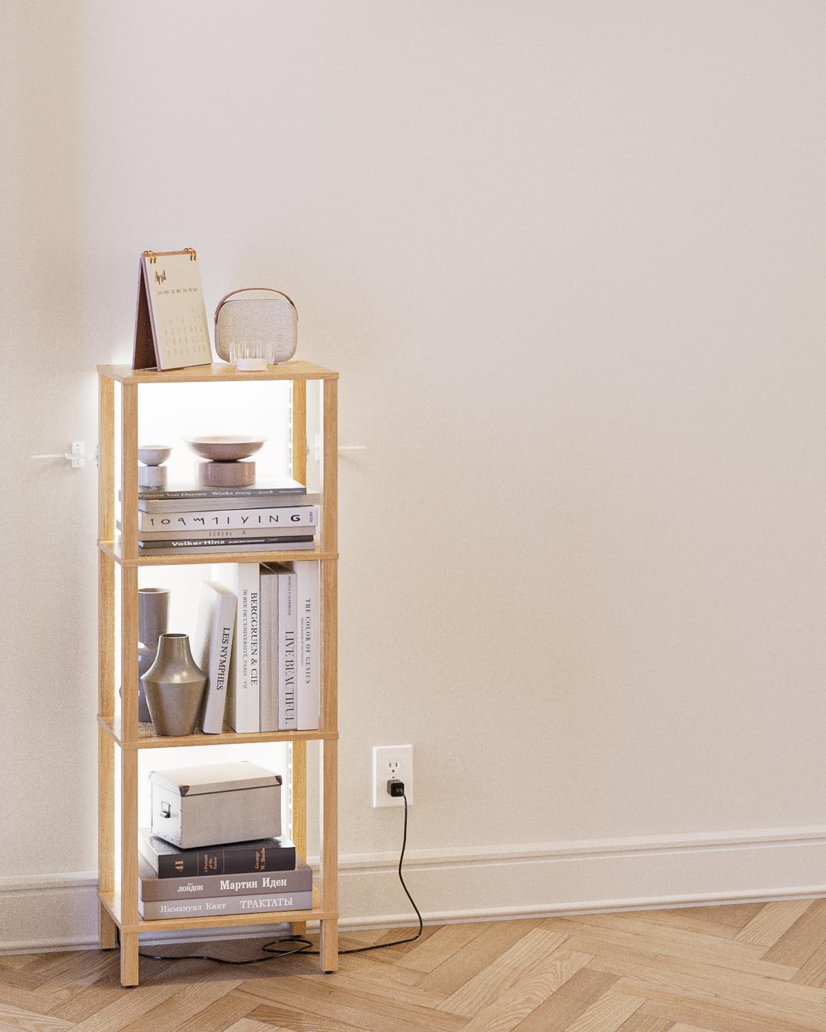Apetaccat Open Book Shelf with LED Lights, 4 Tier Small Bookshelf, Freestanding Shelf Narrow Bookcase with Open Shelves, 14.96" x 10.63" x 41.26", Book Shelves for Living Room, Office, Study, Oak