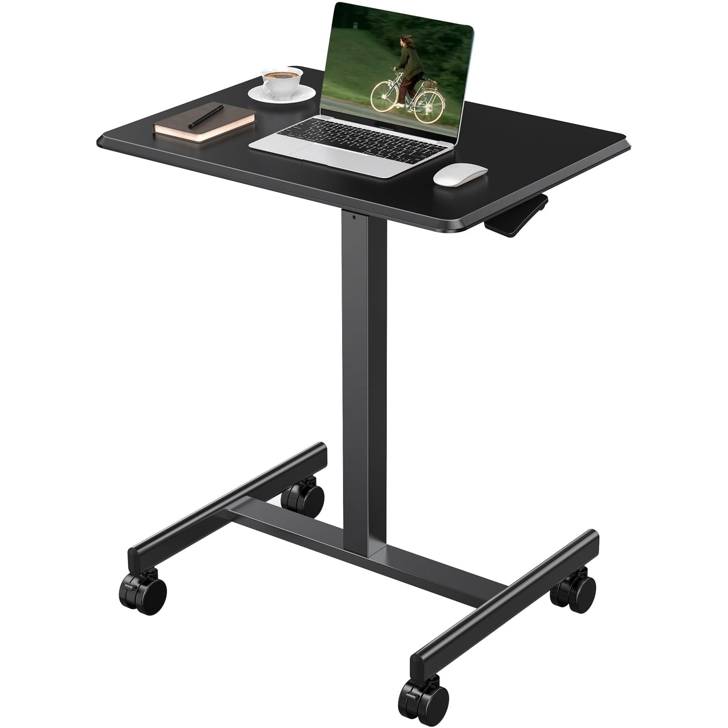 OLIXIS Small Standing Desk with Locking Wheels, Mobile Portable Rolling Laptop PC Table, Adjustable Height Computer Workstation for Home Office, 19 Inch, Black