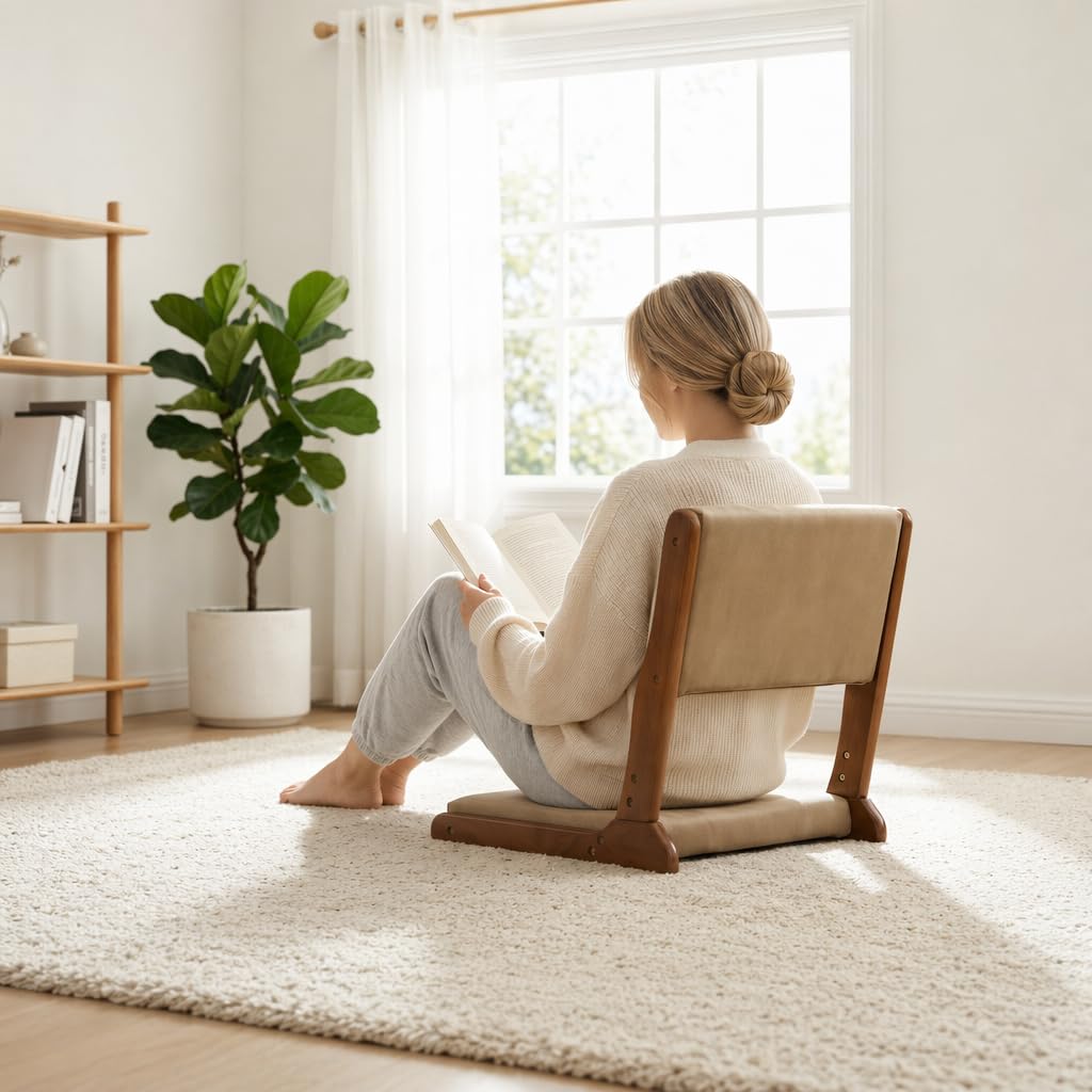 HollyHOME Foldable Tatami Chair, Upholstered Japanese Style Floor Seat, Wood Legless Back Rest with Cushion, Accent Meditation for Bay Window, Living Room, Bedroom, Dark Brown