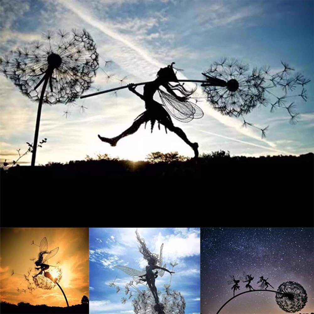 Fcteap Flower Fairy Dancing with Dandelion Garden Art Sculpture Stainless Steel Statue Christmas Halloween Decoration for Outdoor Yard Courtyard Lawn Patio Metal Ornaments (Three Persons)