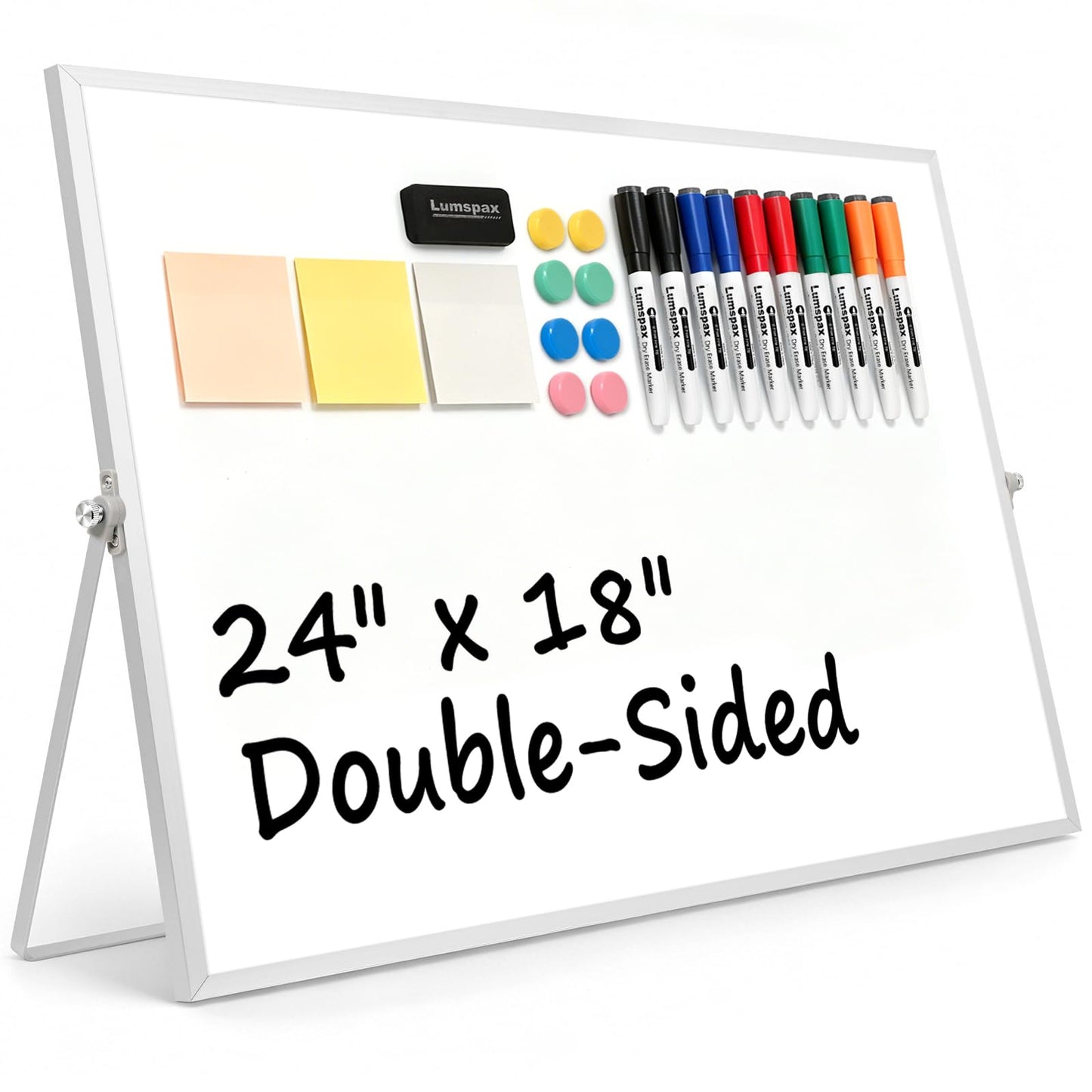 Lumspax White Board with Stand, 24" x 18" Double-Sided Desktop Dry Erase Board, Portable Magnetic Whiteboard Easel for Kids Office Home School