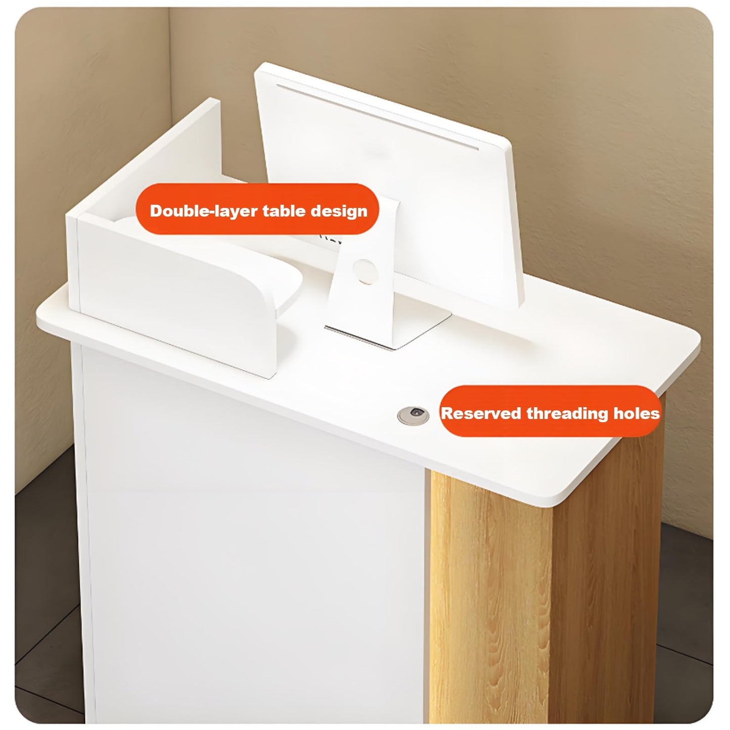 LED Reception Desk with Modern Design for Salon, Office & Lobby - Apricot & Wood Finish, 100cm/39.3in, Stylish Front Counter Furniture for Shops