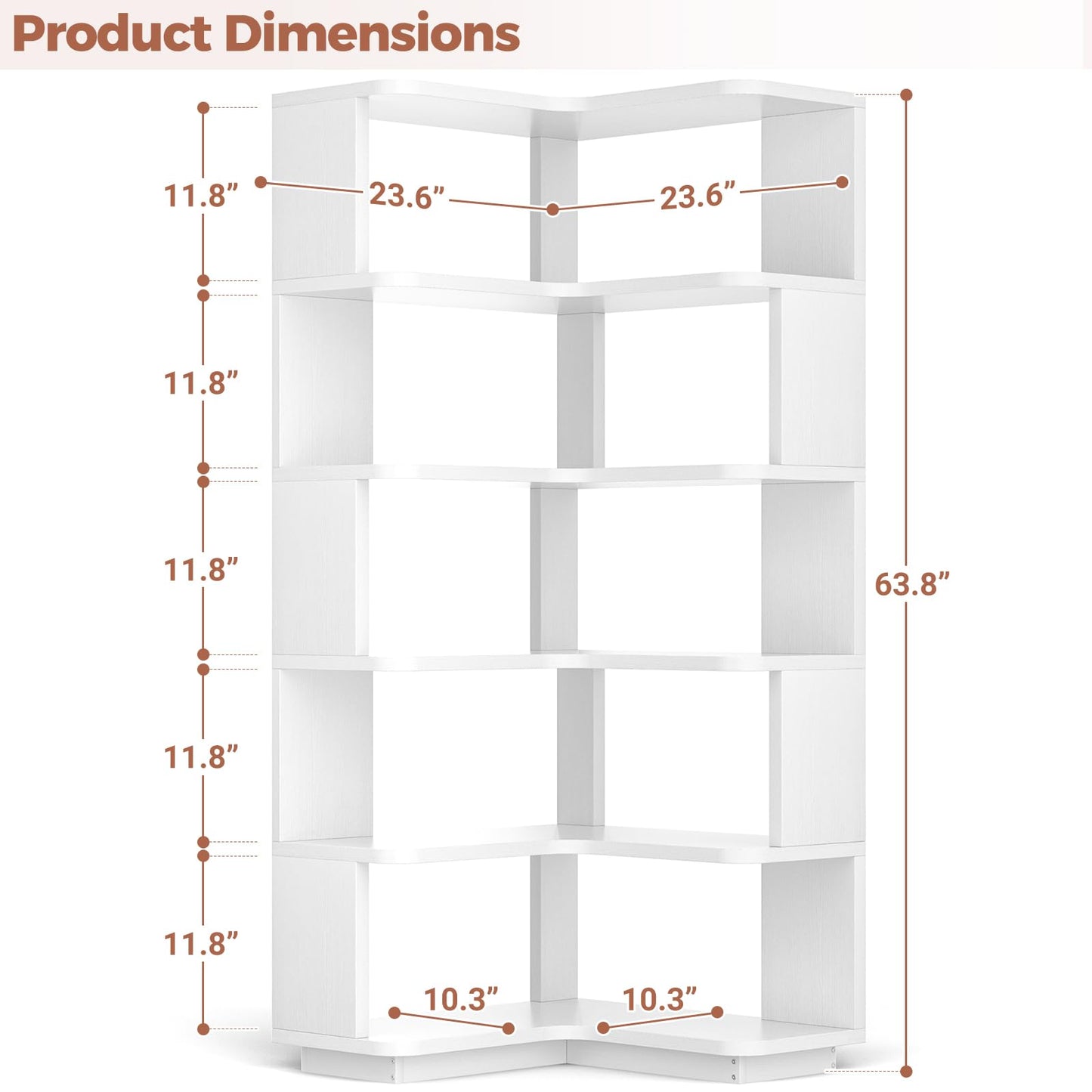 Besiost Corner Book Shelf, 6-Shelf Corner Bookshelf for Small Corner Spaces, L-Shape Bookcase Corner Display Shelf for Home Office, Living Room, Bedroom, White