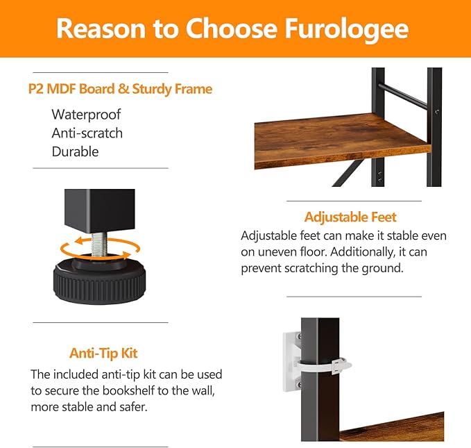 Furologee 6 Tier Tall Bookshelf, Industrial Narrow Bookcase, Display Standing
