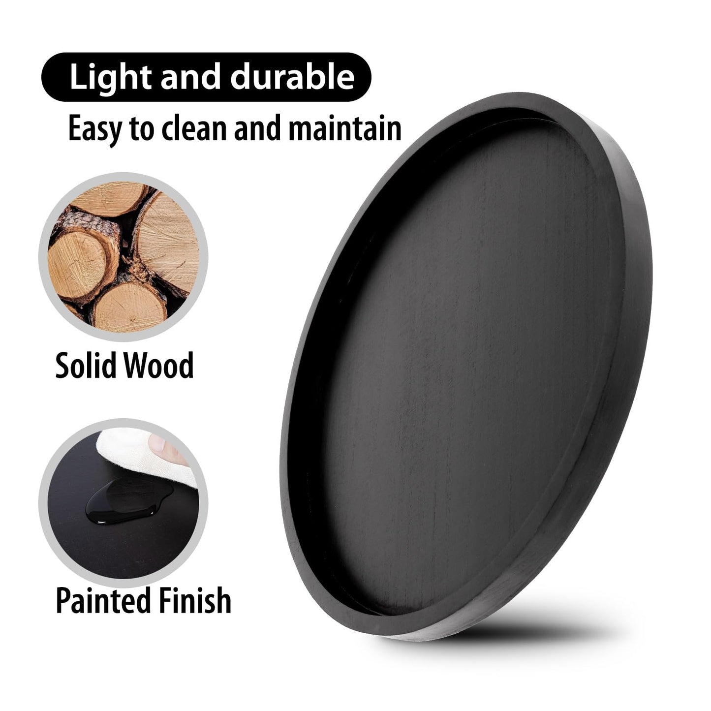 Round Ottoman Tray Large Wood Serving Tray for Table Living Room Bedroom, 20 Inches Black