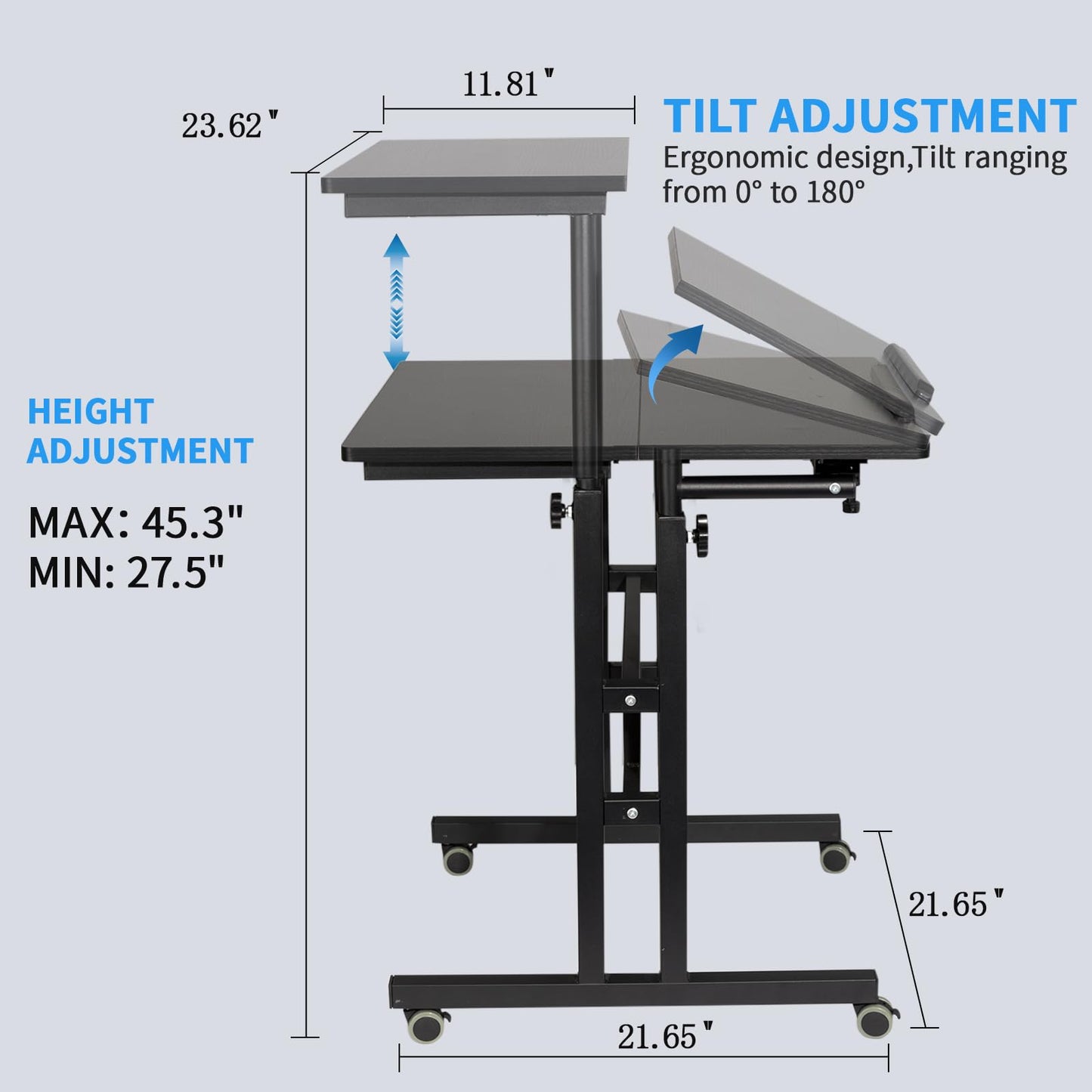 Hadulcet Mobile Standing Desk with Charging Station, Adjustable Standing Computer Desk, Standing Adjustable Laptop Cart with Wheels for Home Office Classroom Black