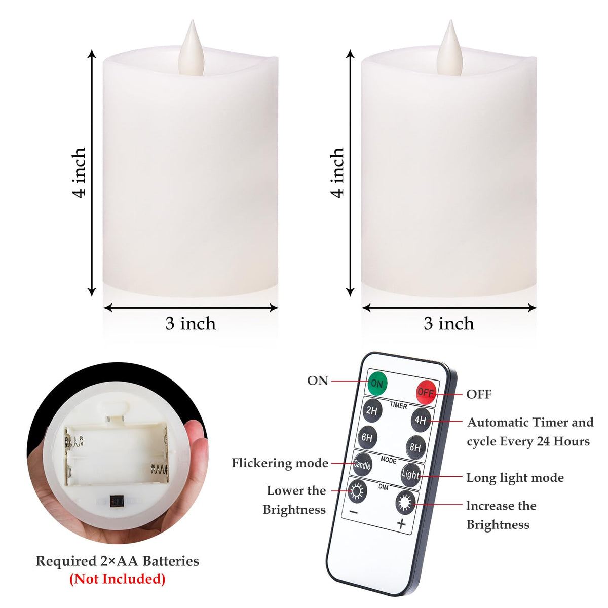 Woocodowe 3"x4" Flickering Flameless Battery Candles with Timer, White Realistic LED Pillar Candles, Set of 2 Large Remote-Operated Candles for Home Indoor/Outdoor & Holiday Decor