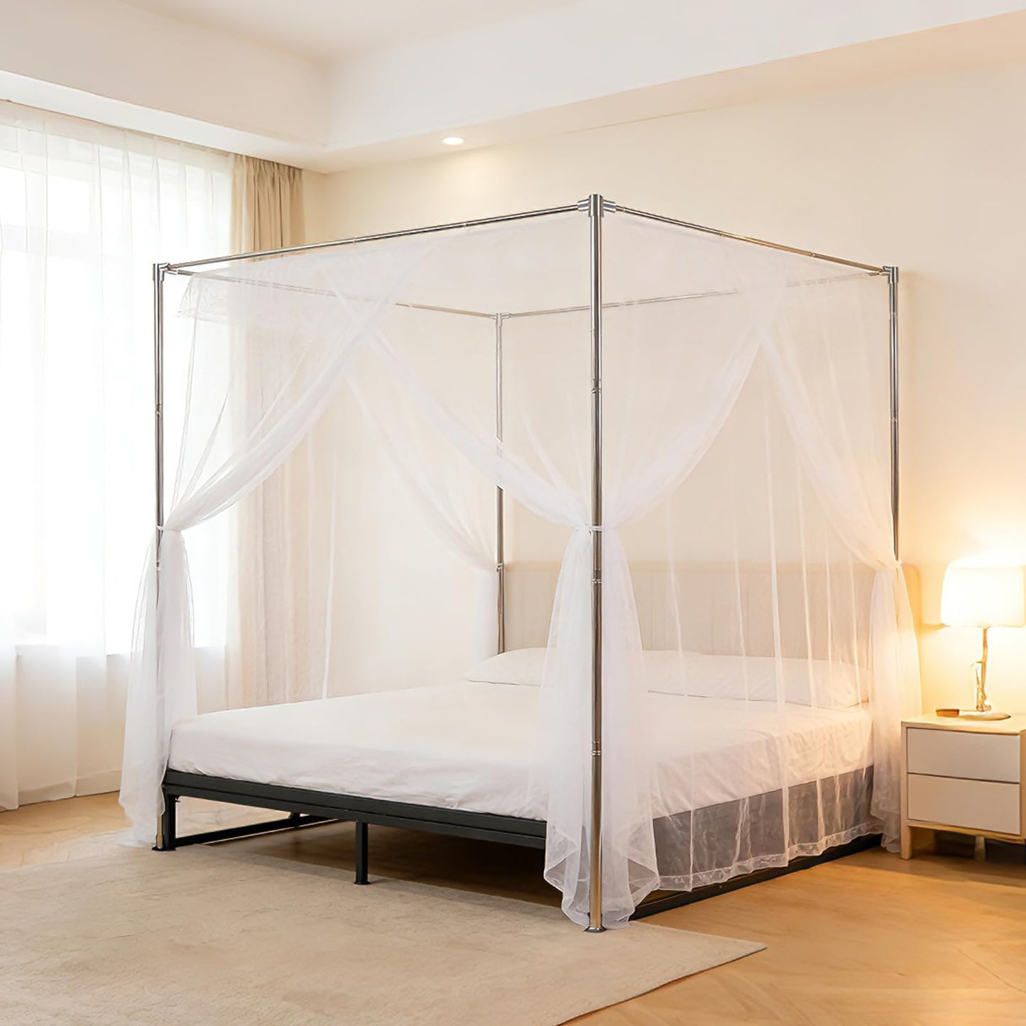 Hosercap Canopy Bed Frame Queen Size, Stainless Steel Metal Bed Post Poles, Heavy Duty 4 Poster Floor Bedframe, Freestanding Easy Assemble