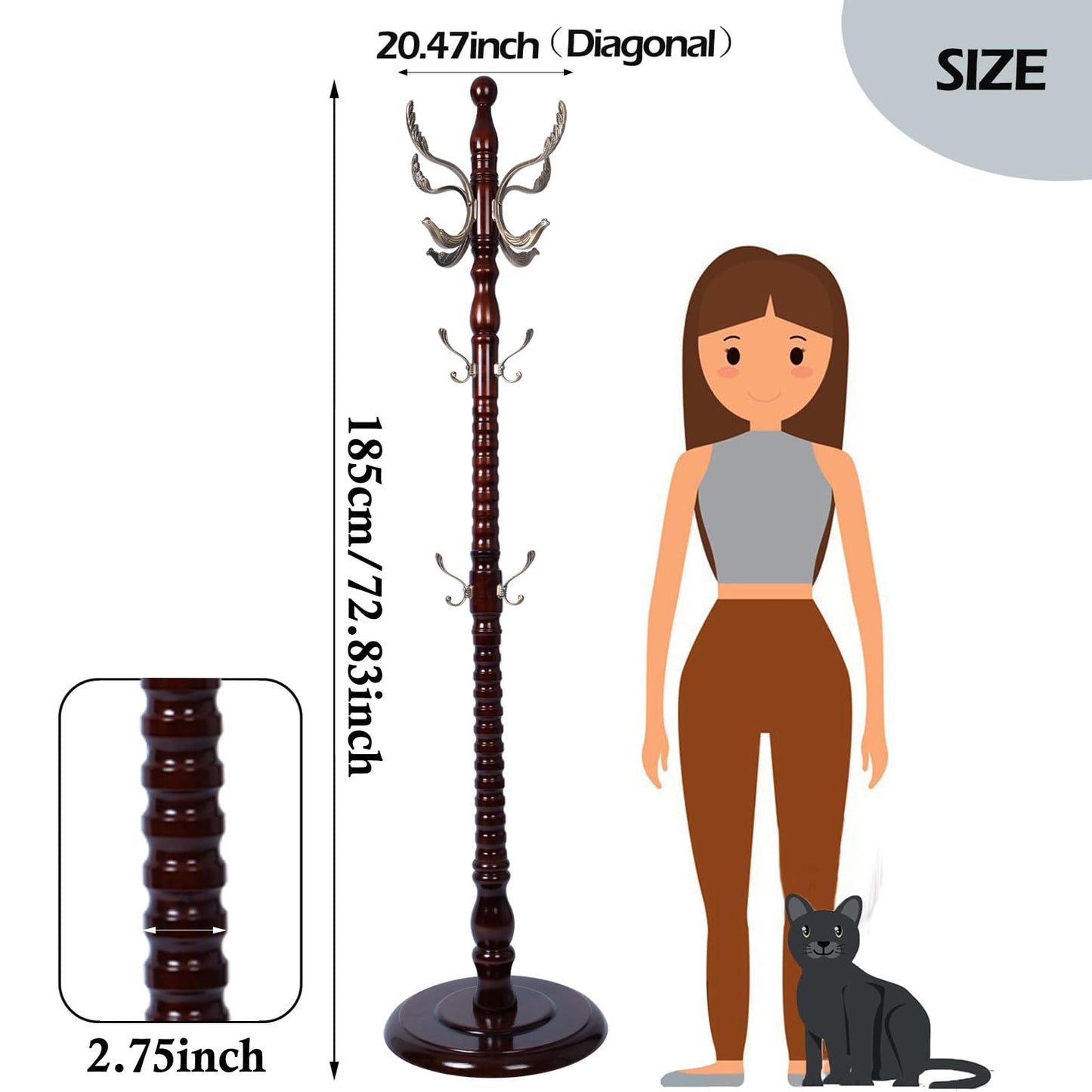 Sauqzoh Coat Racks Free Standing with 14 Hooks, Natural Wood Coat Stands for Entryway, Adjustable Height 73 in Tree Coat Rack Stand for Hallway Home Office Bedroom (Mahogany metal)