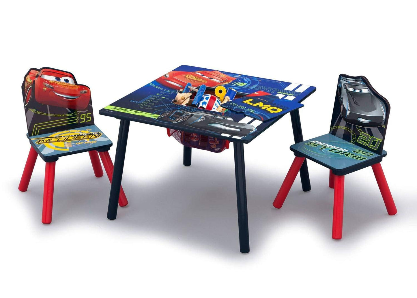 Delta Children Kids Table and Chair Set with Storage (2 Chairs Included) - Ideal for Arts & Crafts, Snack Time, Homework & More, Disney/Pixar Cars, 3 Piece Set & Deluxe Toy Box, Disney/Pixar Cars