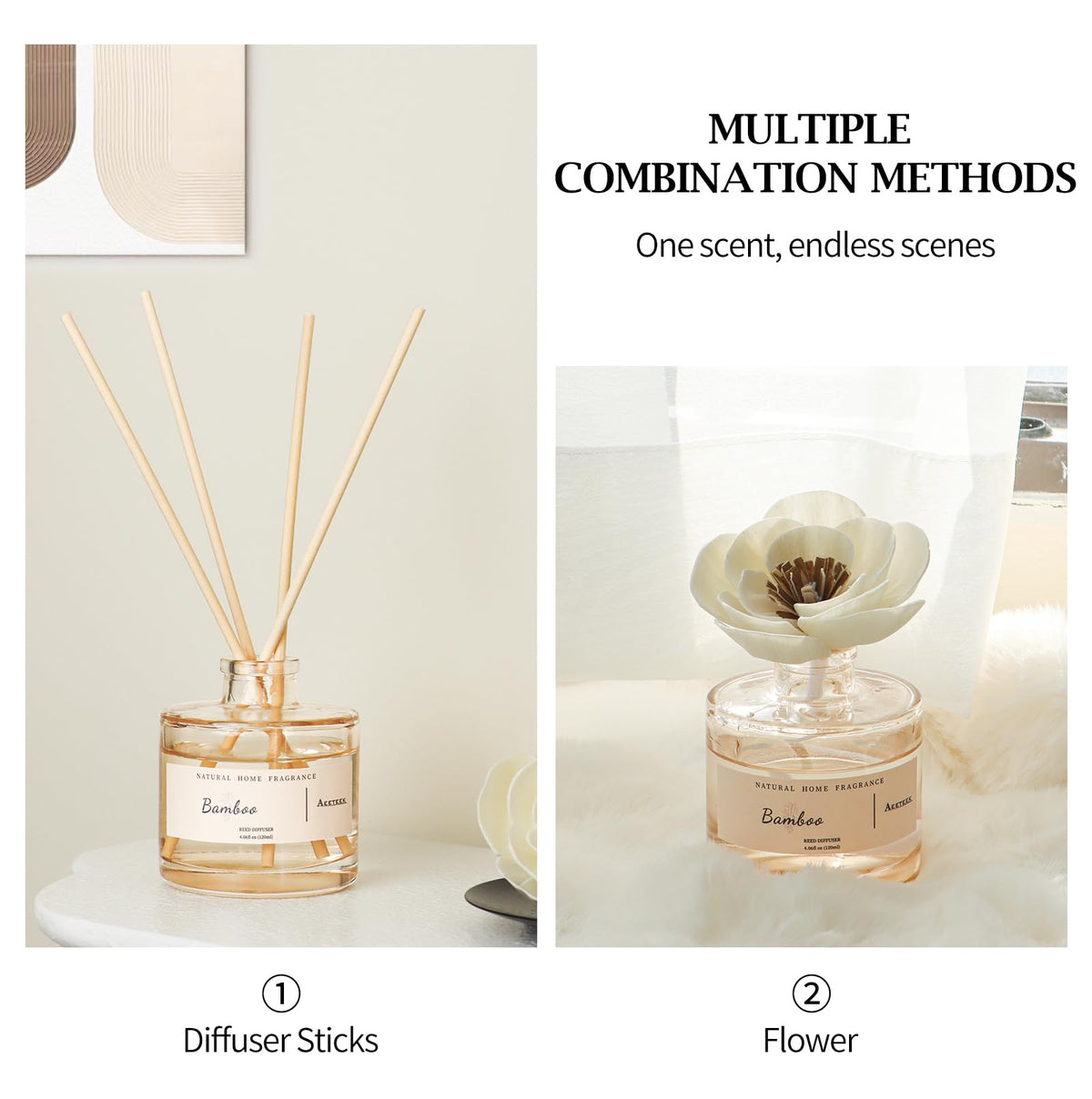 Aeeteek Reed Diffuser - Clean Bamboo Essential Oil Aroma for Home, Room Decor Aesthetic with Long-Lasting Fragrance, 4.06 fl oz (120 ml) Air Freshener for Office, Bathroom