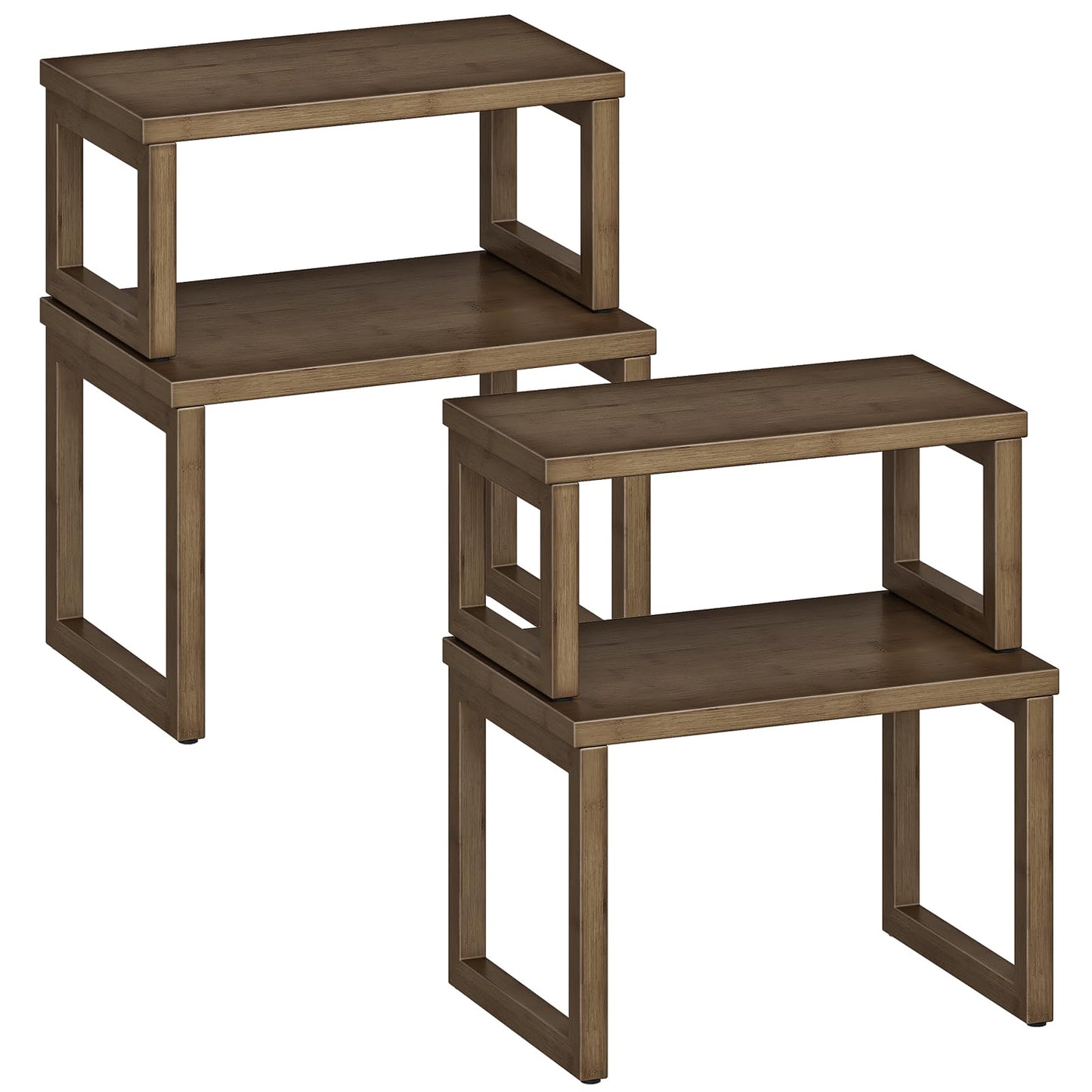 HOOBRO Cabinet Organizer Shelf, Set of 4 Kitchen Counter Shelves, Expandable Kitchen Storage, Stackable Bamboo Spice Rack, for Kitchen, Countertop, Office Desk, Living Room, Mocha MA20TLP201