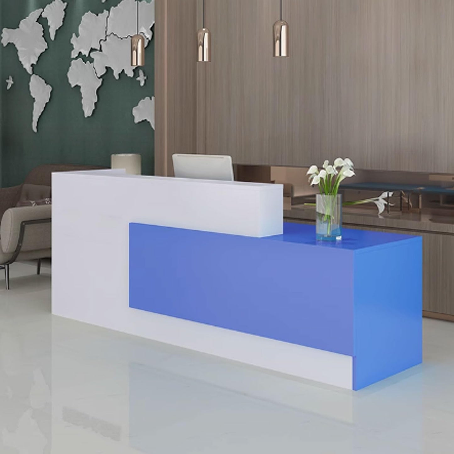 Modern White & Blue Reception Desk, 1.4m Front Counter Table for Salons & Retail, Engineered Wood Reception Furniture, Stylish Office Reception Solution