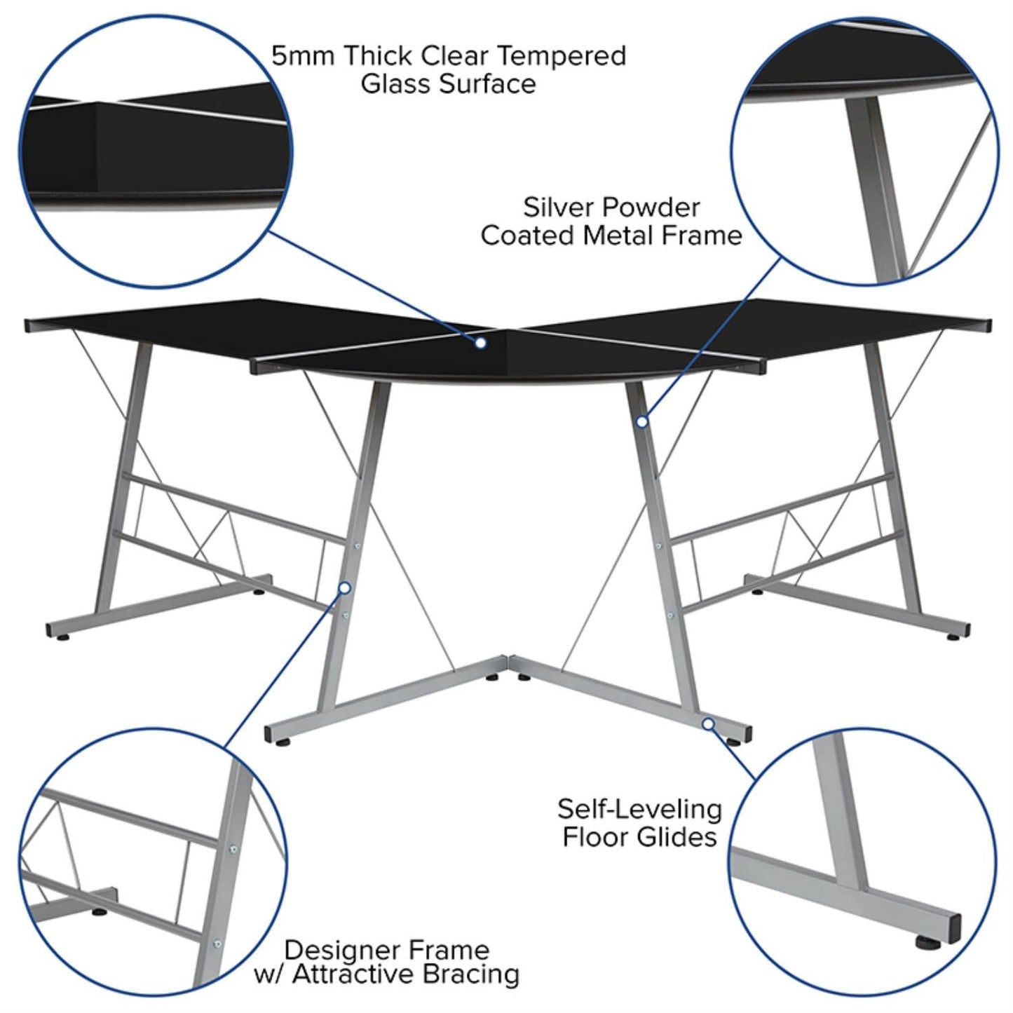 Flash Furniture Black Glass L-Shape Corner Computer Desk with Silver Metal Frame