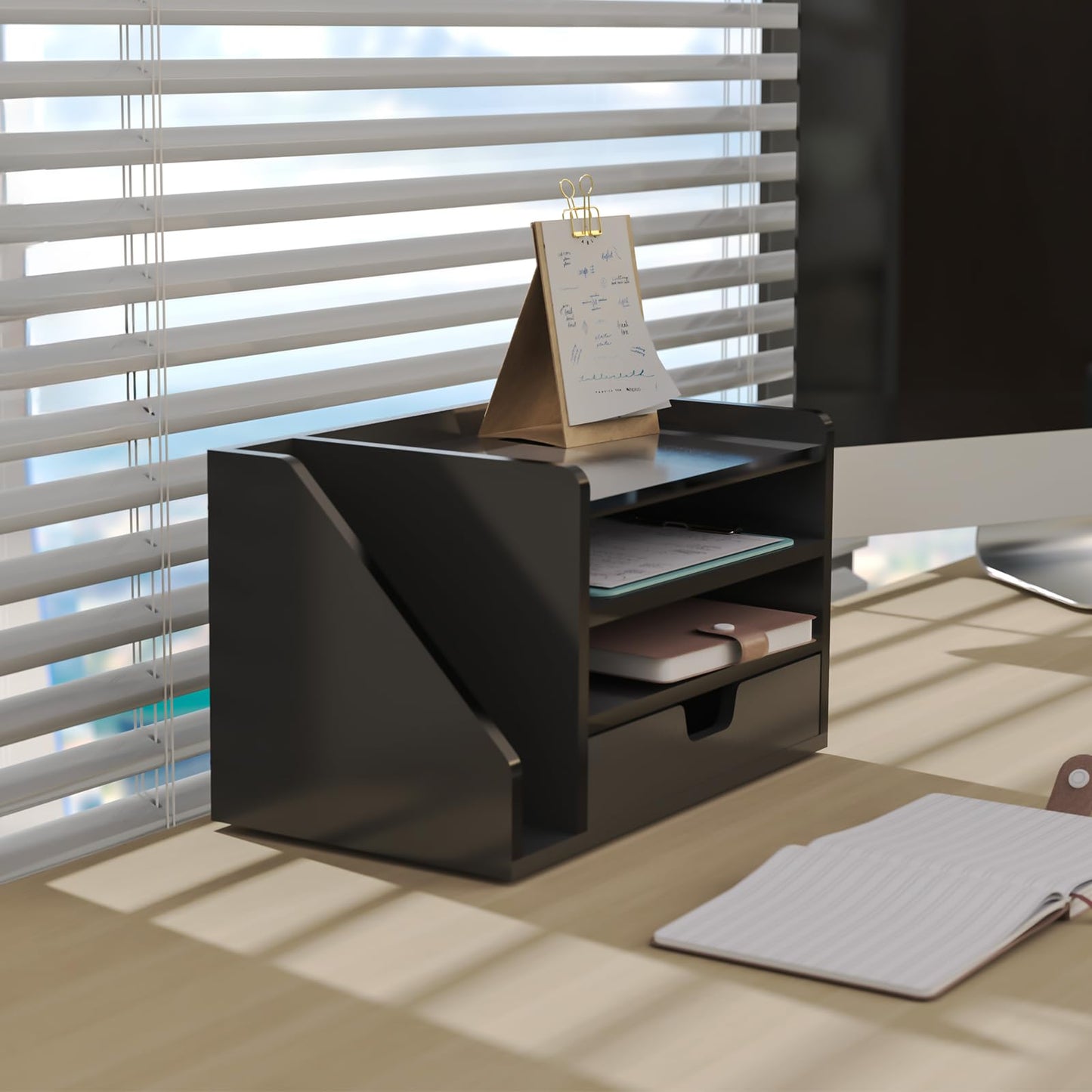 NiOffice Multi-Tier Wood Desk File Organizer, 3 Tray Shelves & Adjustable Drawer - Space-Efficient Design for Efficient Office Setup, Reduces Desk Clutter (Black)