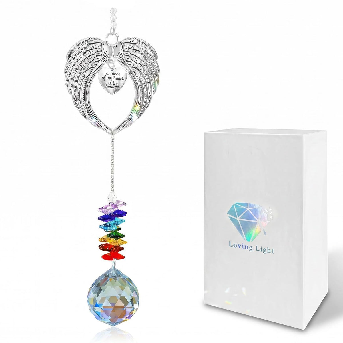 Memorial Suncatcher Angel Wings with Crystal Ball, “A Piece of My Heart is in Heaven” Sympathy Gift for Loss of Loved One or Pet, Bereavement Remembrance Hanging Decor for Window 18.5 Inch