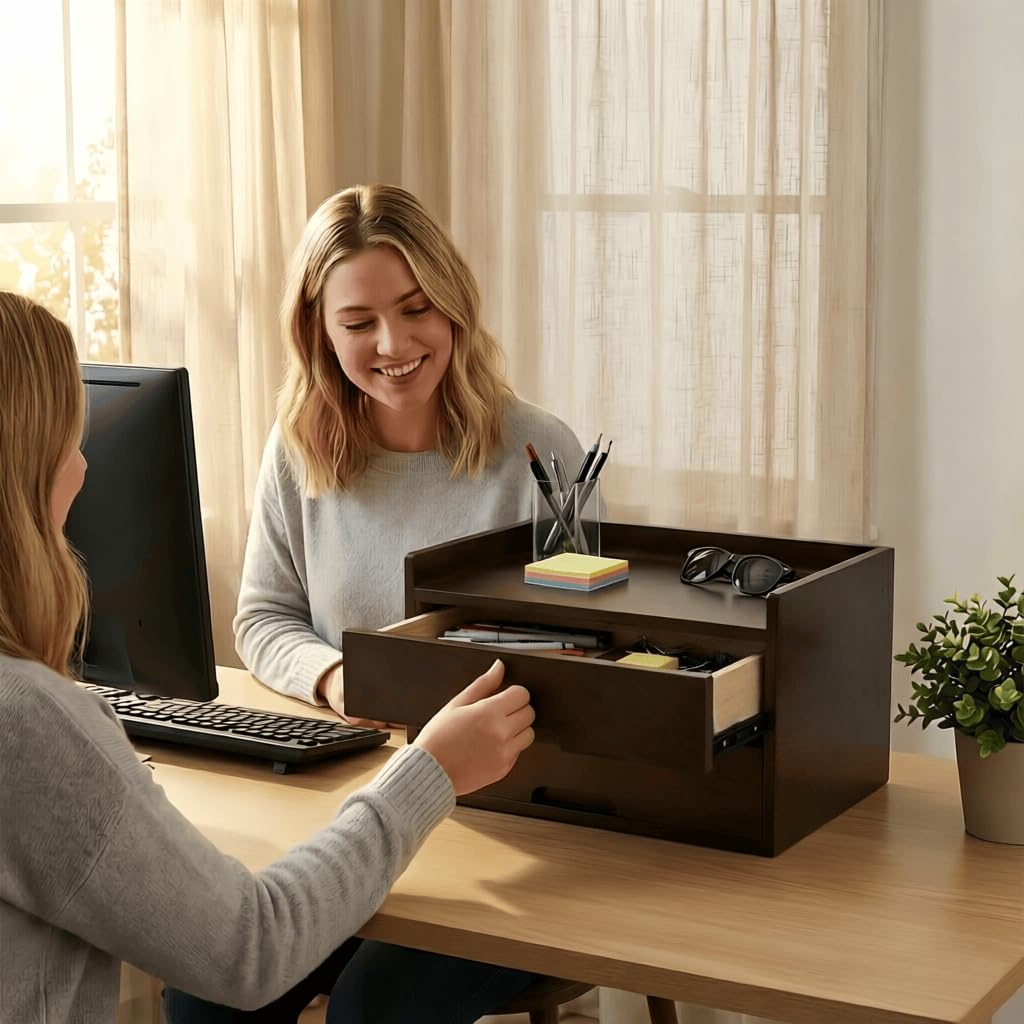 Gphudpzdl Solid Wood Desk Organizer with Drawers, Wooden Desk Storage Organizer with Smooth Slides, Filing A4 Paper File Organizer for Home Office, Bedroom & Makeup, Fully Assembled, Walnut Finish