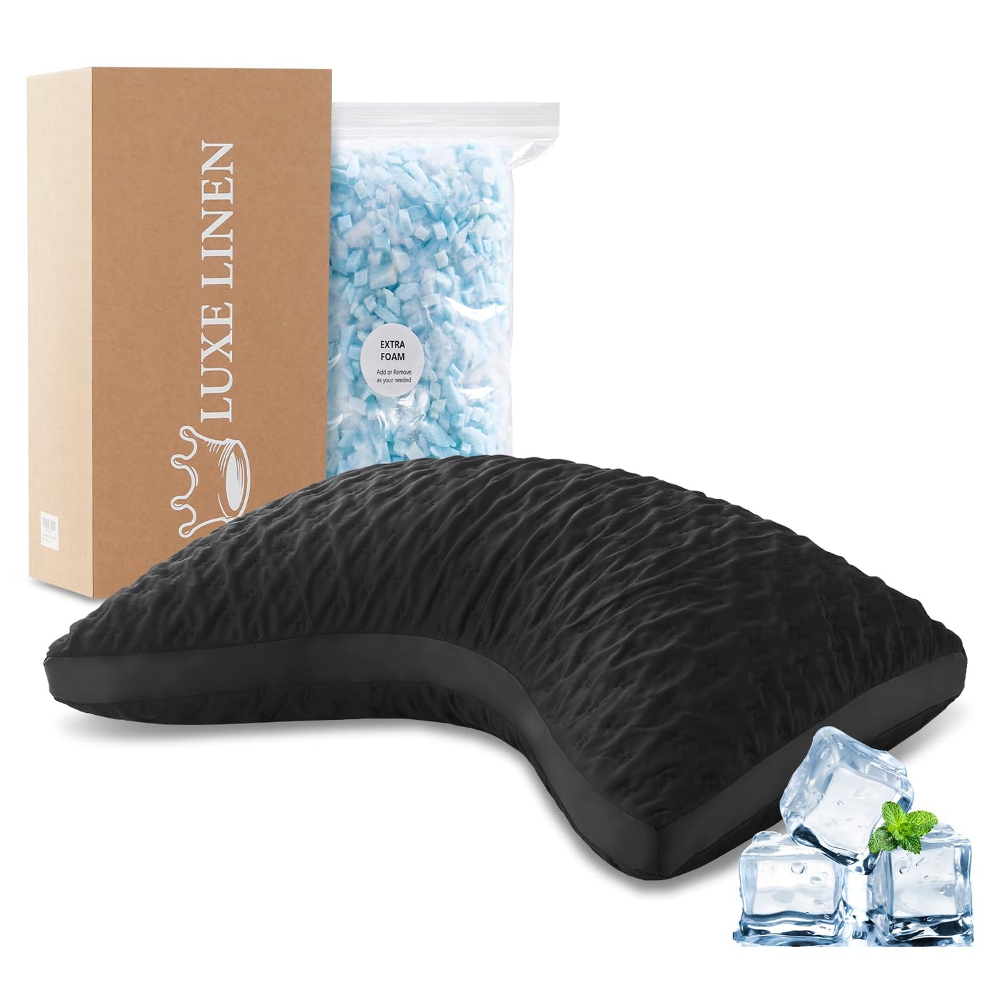 Cooling Sleeper Pillow for Neck and Shoulder Pain, Luxury Adjustable Shredded Memory Foam Curved Gusseted Crescent Pillow for Side and Back Sleepers, Black Cool Washable Cover, Queen Size for Home Bed